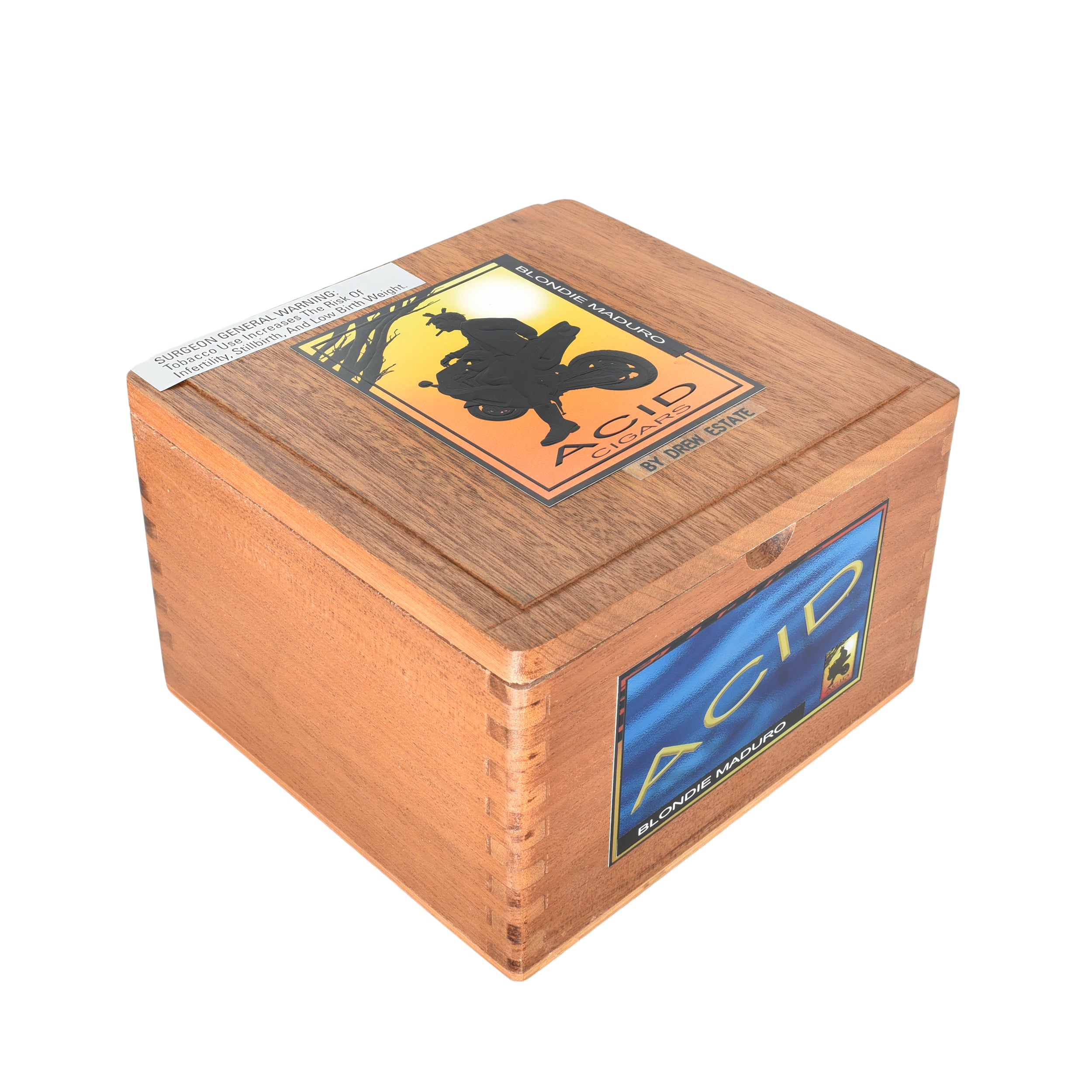 Wooden box with Acid logo on a white background