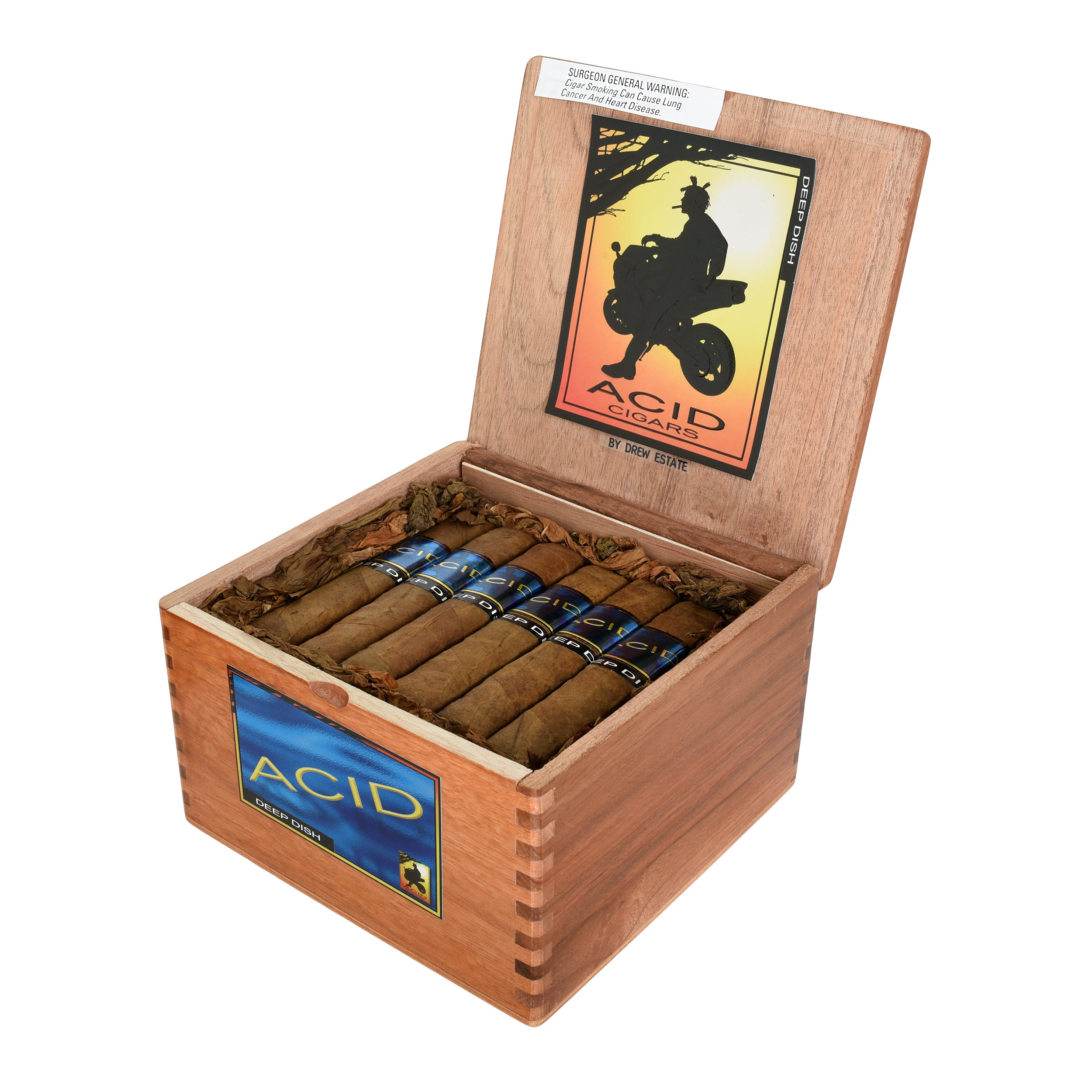 Open wooden box of Acid cigars with visible cigars and brand logo on a white background
