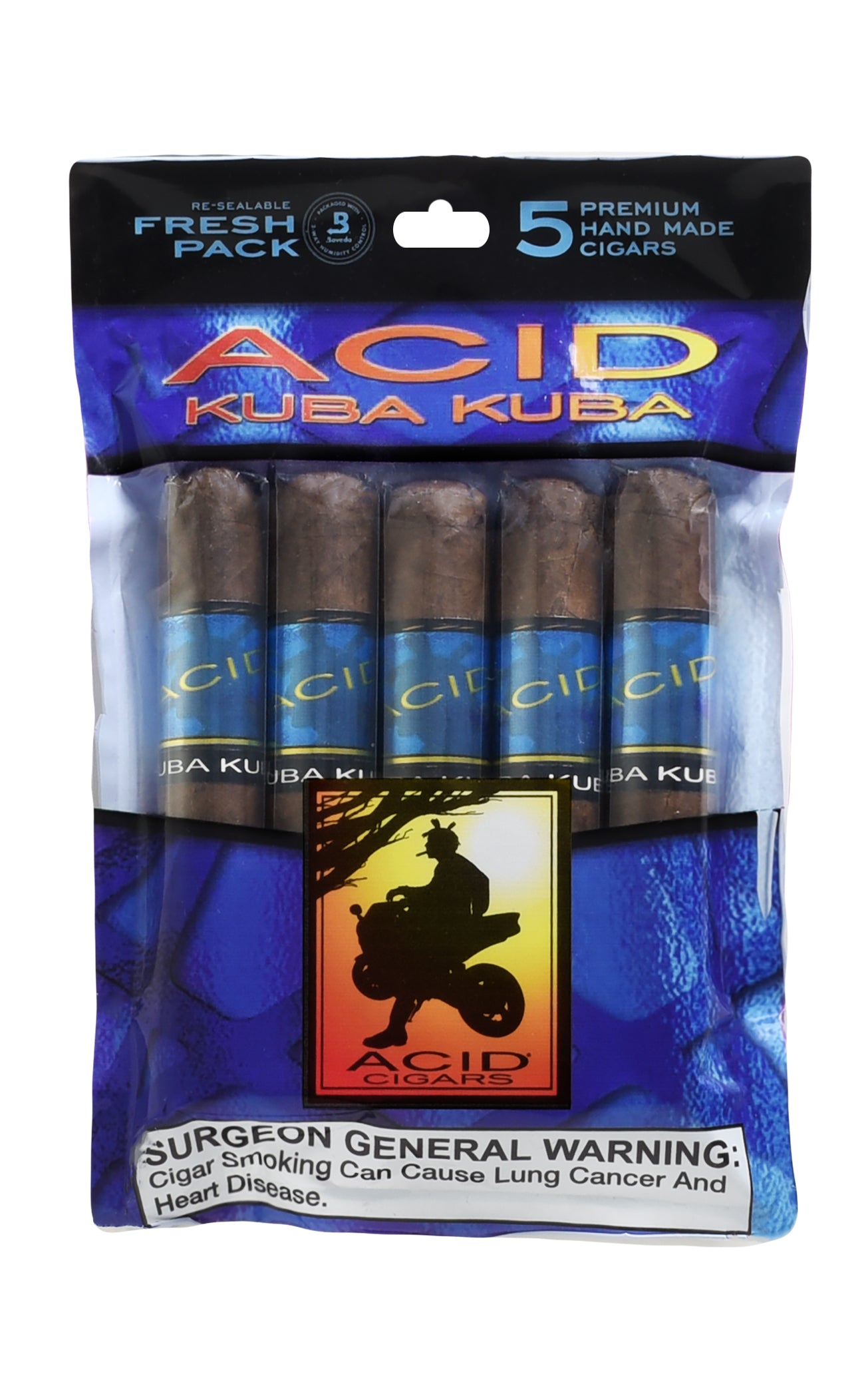 Fresh Pack of Acid Kuba Kuba cigars with blue and black packaging.