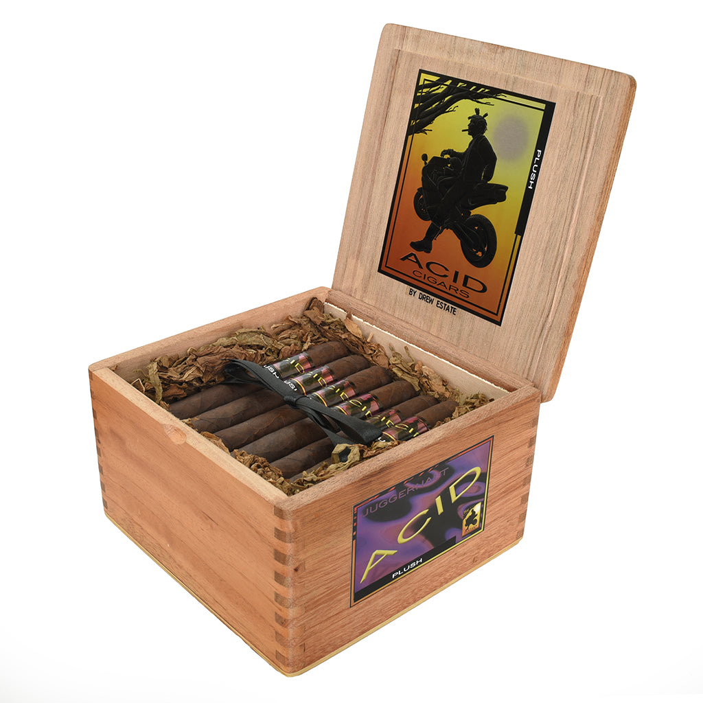 Wooden cigar box with cigars and 'ACID' brand labels on a white background