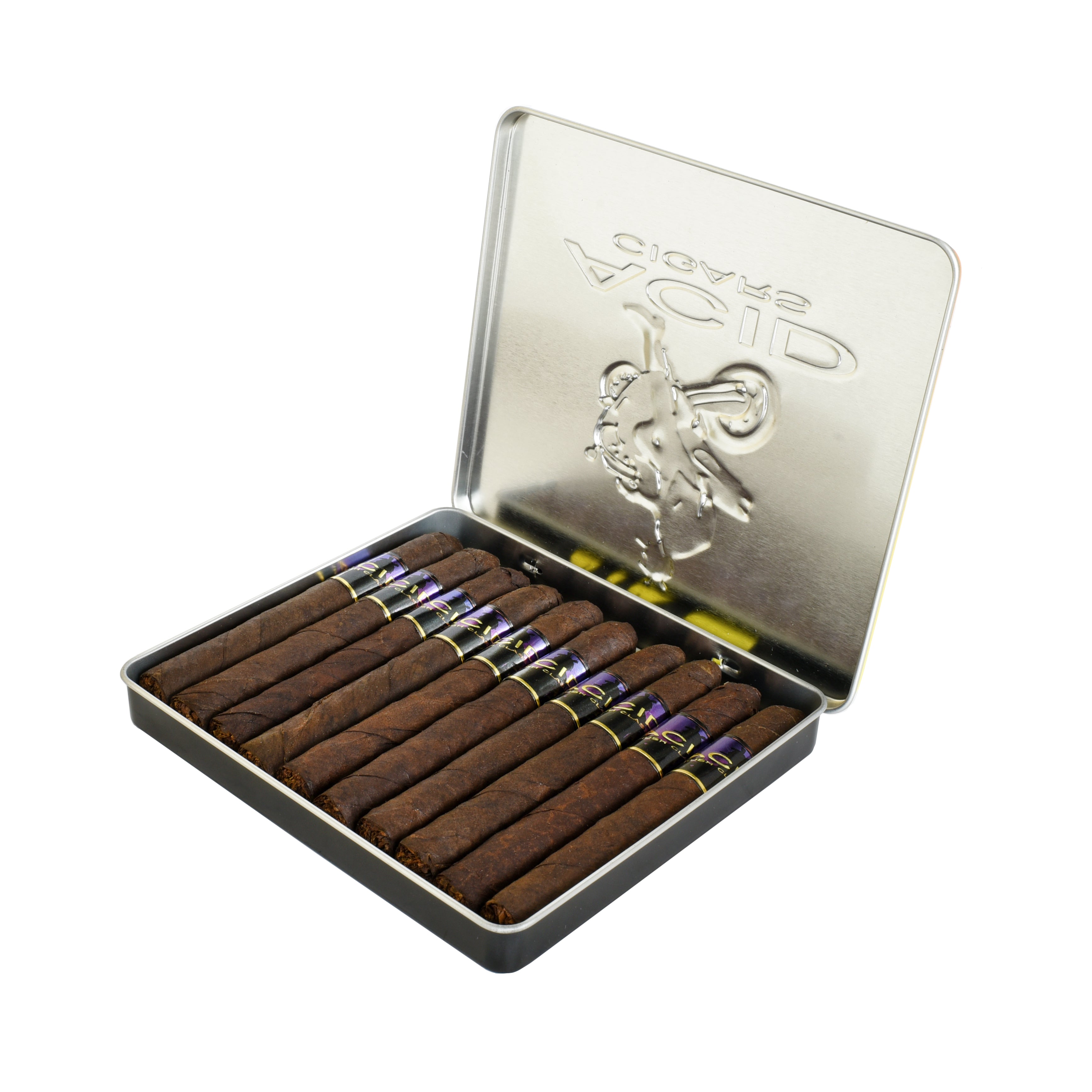 Open silver tin containing cigars with a visible brand logo on a white background