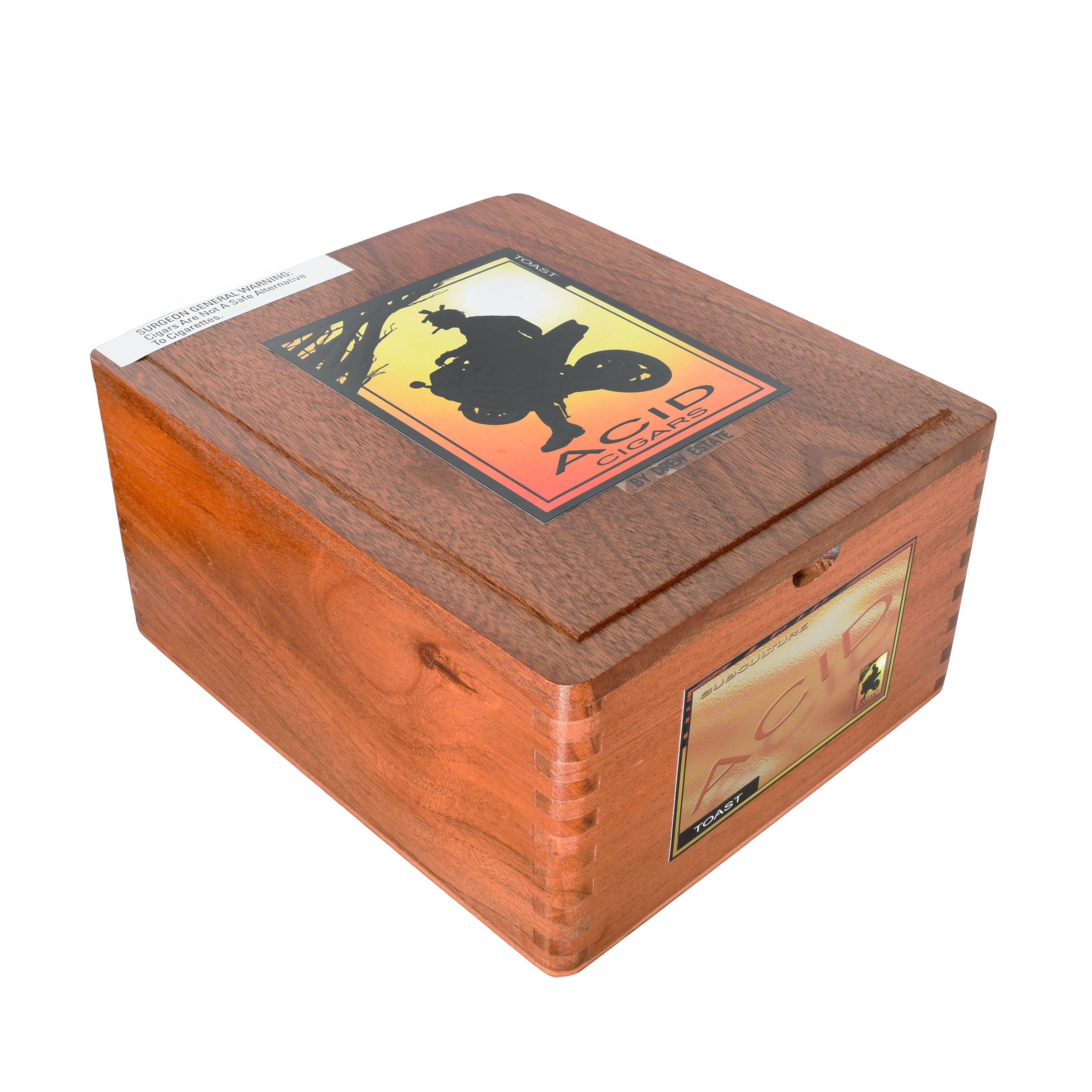 Closed wooden humidor with Acid logo on a white background