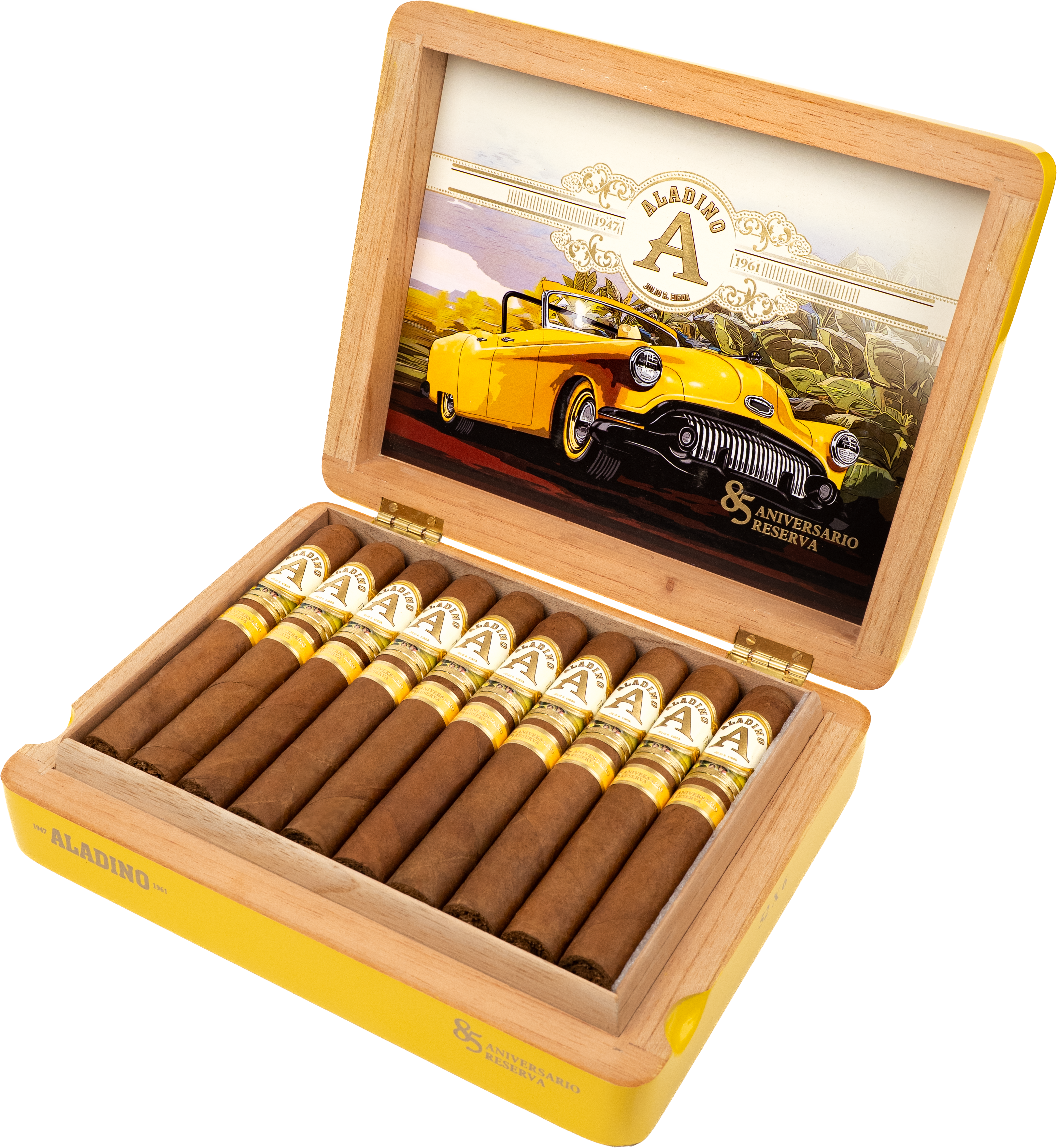A yellow box of Aladino 85th Aniversario Reserva Toro cigars, featuring a 1961 Buick graphic, containing 20 Honduran puro cigars (6x52) crafted from rare Pinareno-seed tobacco, with flavor notes of cedar, cinnamon, chestnuts and floral undertones. 