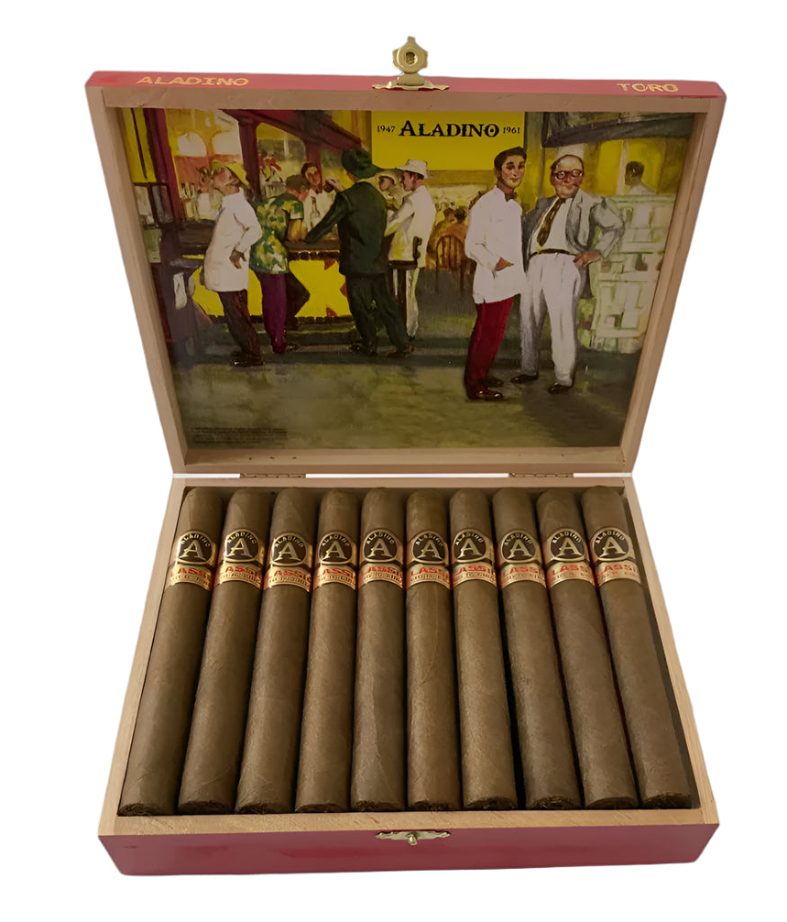 An open wooden cigar box labeled “Aladino” on the lid and “Toro” on the edge, featuring a colorful illustration inside the lid depicting a vintage scene with people in various outfits, including chefs and workers, set against a yellow background with “1947 Aladino 1961” text. The box contains 20 dark brown cigars, each wrapped with a gold and red band labeled “Aladino Classic.”