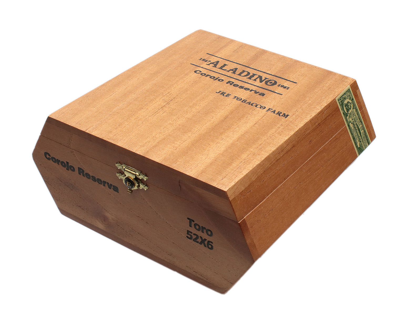 A closed wooden cigar box labeled "Aladino Corojo Reserva" and "JRE Tobacco Farm" on the top with "1947-1961" printed above the brand name. The box also features the text "Corojo Reserva" on the front and "Toro 52X6" indicating the cigar size. A decorative gold clasp is visible on the front.