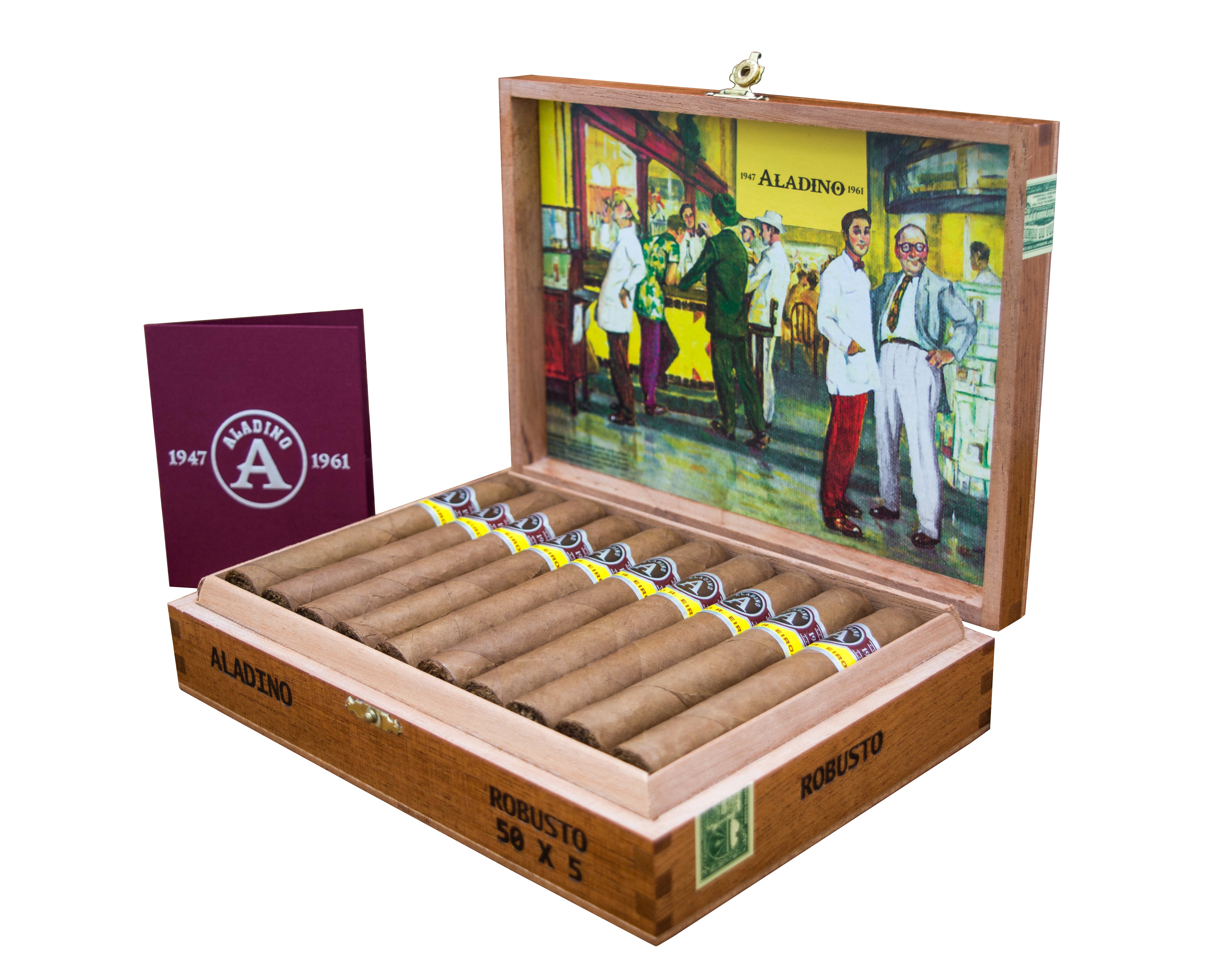 A wooden cigar box labeled "ALADINO ROBUSTO" is open, revealing a row of neatly arranged cigars with yellow and black bands. The inside lid features a colorful illustration of people in a vintage shop, with the "ALADINO 1961" logo prominently displayed. Next to the box is a maroon booklet or folder with the Aladino logo and the year "1947-1961" printed on it. 