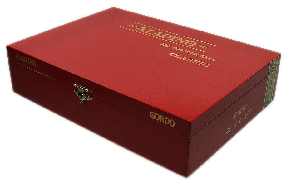 Red cigar box with gold text on a white background