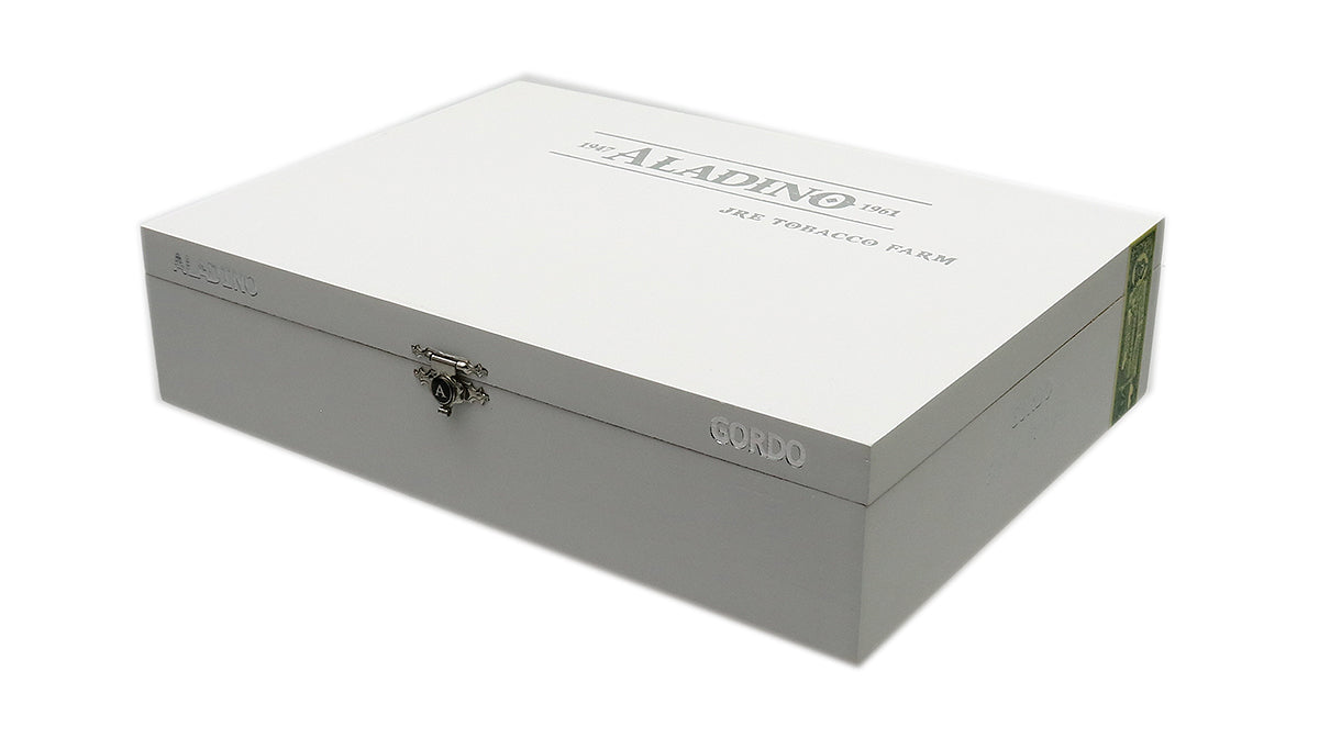 Cigar humidor with 'Aladino' branding on a white background
