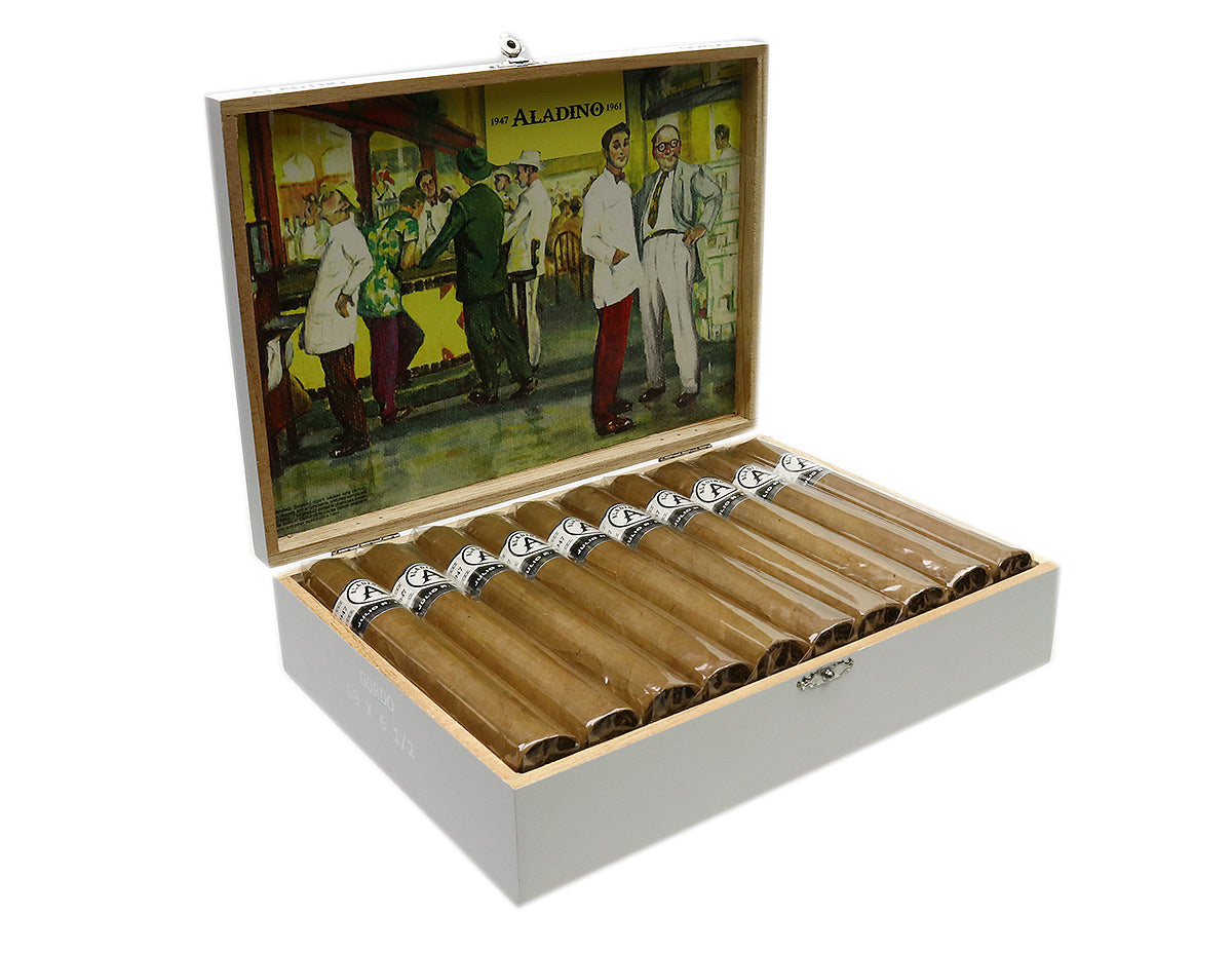 Open cigar box with cigars inside, featuring a vintage-style illustration on the lid.