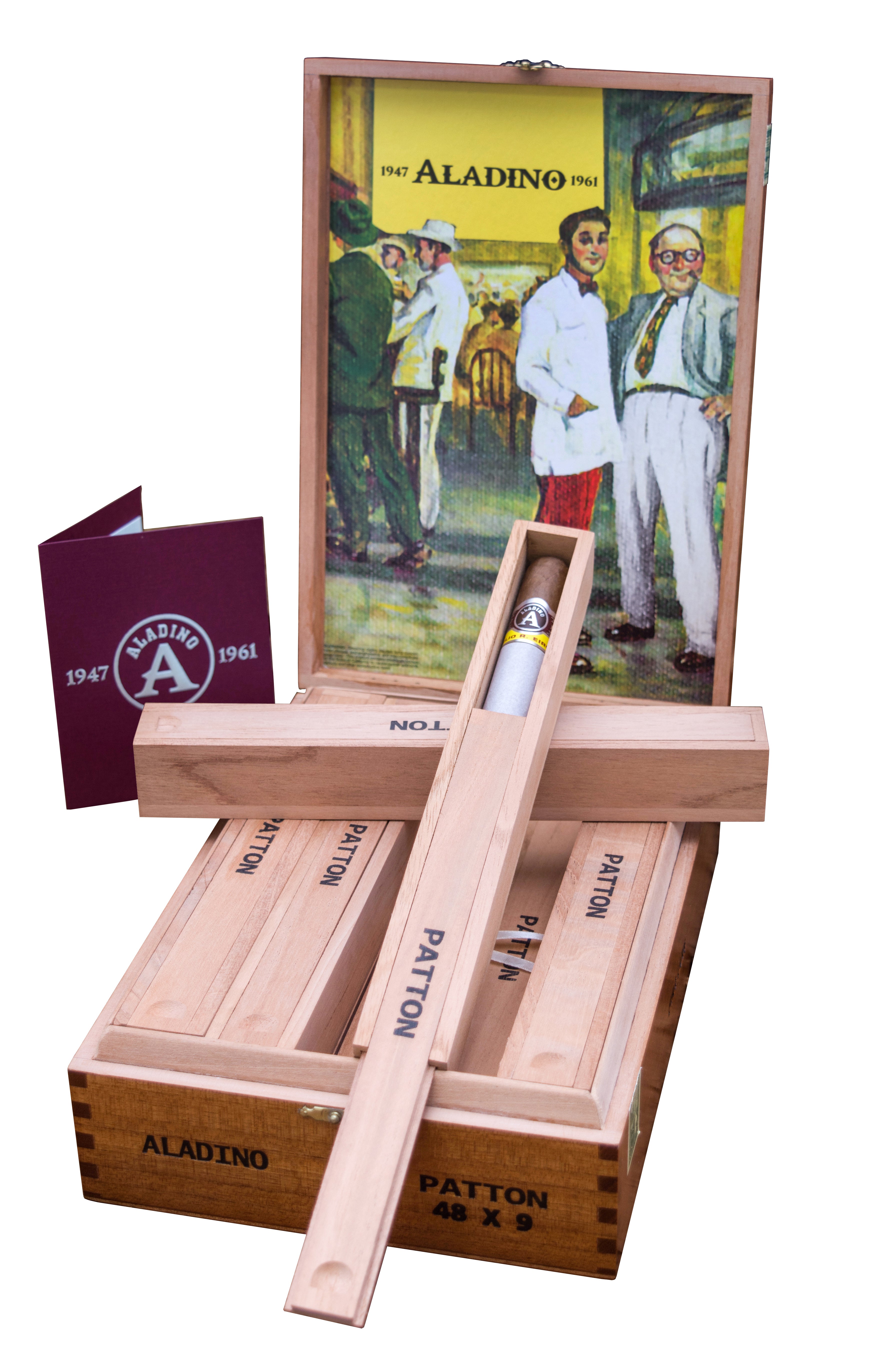 Cigar box with cigars and a vintage-style illustration on the lid, featuring the brand 'Aladino'.