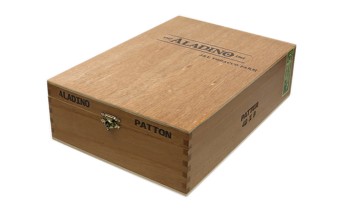 Wooden cigar box with 'Aladino' branding on a white background