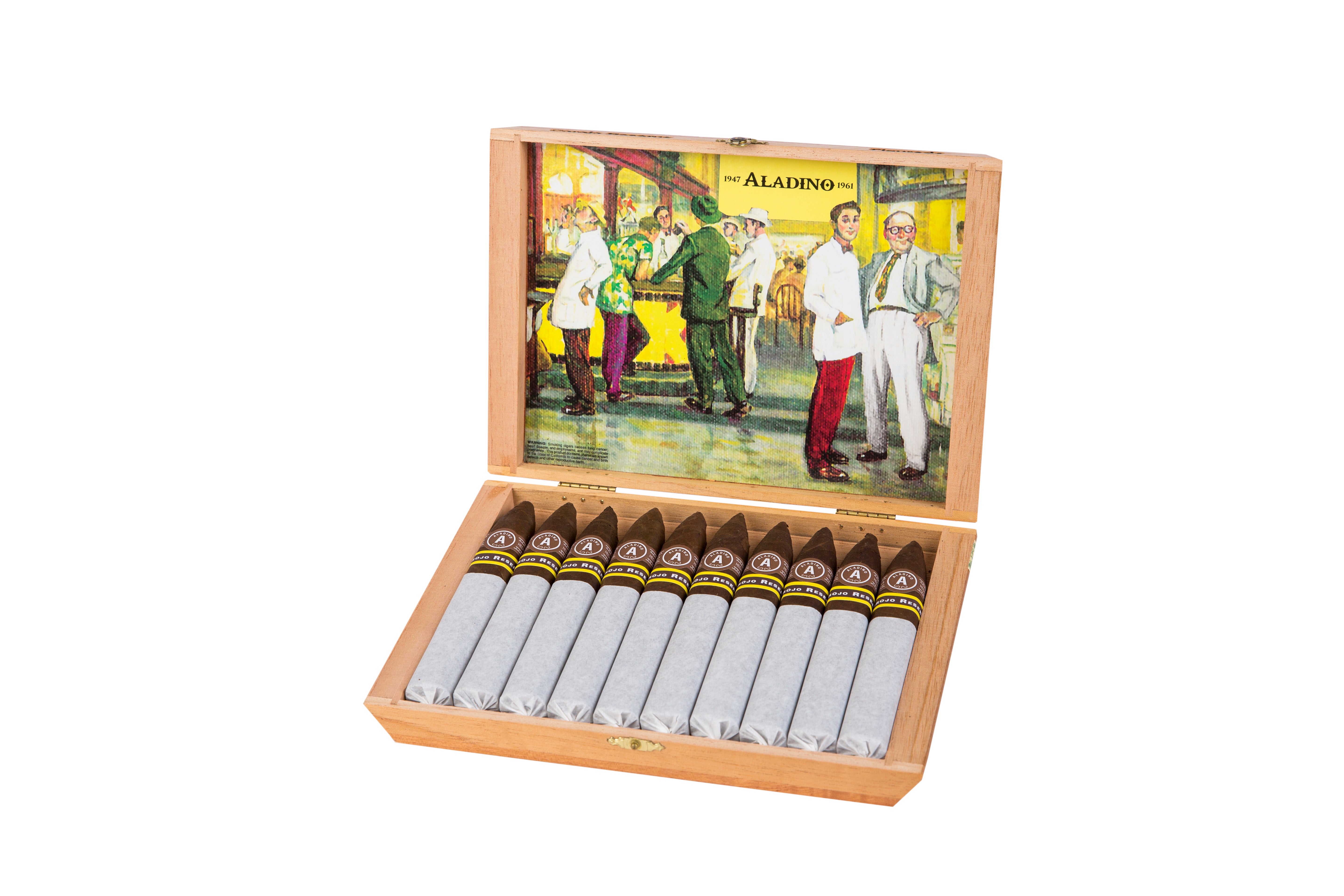 Cigar box with cigars and vintage-style illustration on a white background