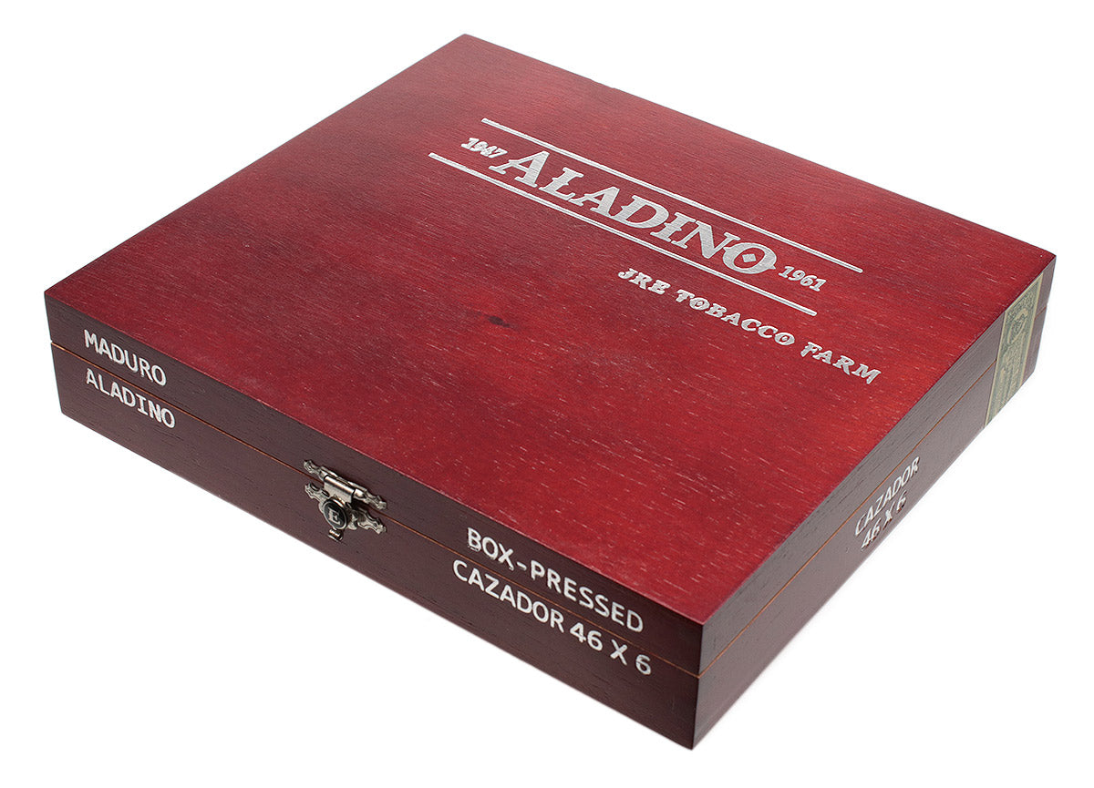 Red cigar box with 'Aladino' branding on a white background