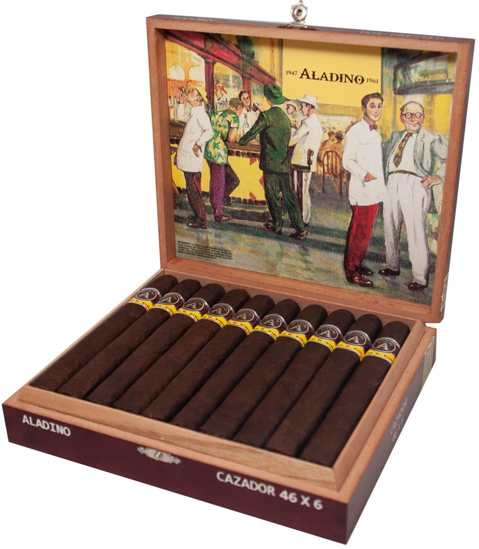 Cigar box with cigars and vintage-style artwork on the lid, featuring the brand 'Aladino'.