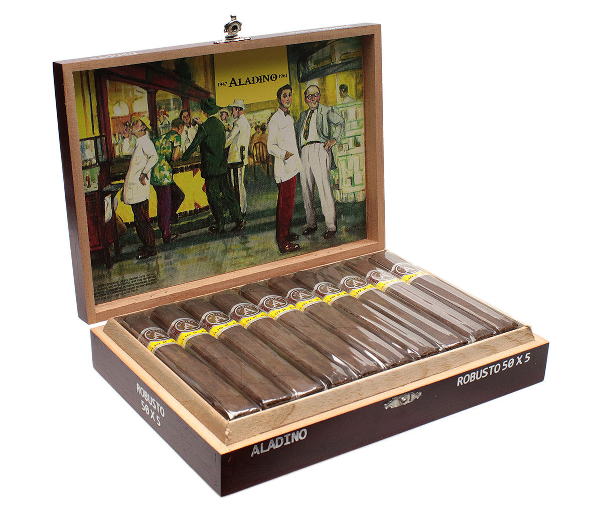 Open wooden box displaying Aladino cigars with vintage-style artwork on the lid.
