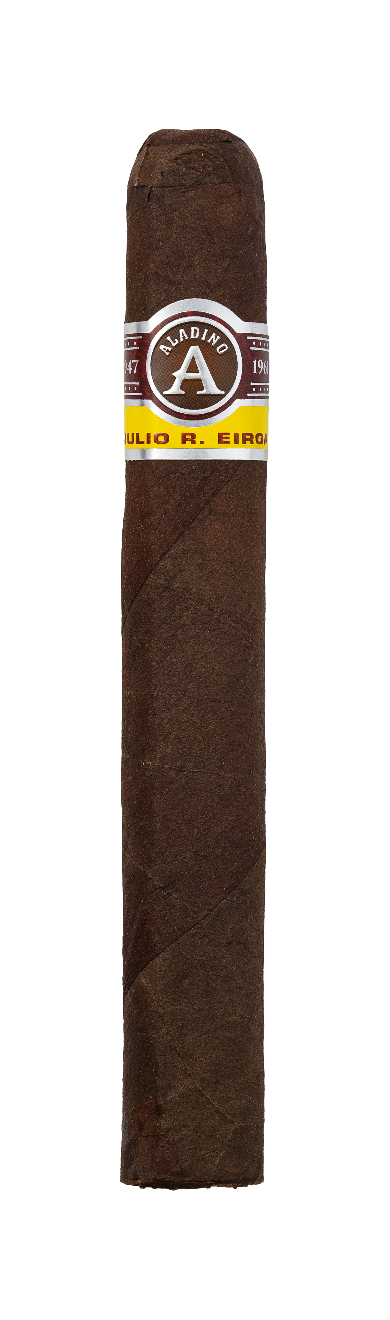 Cigar with a silver and yellow band on a white background
