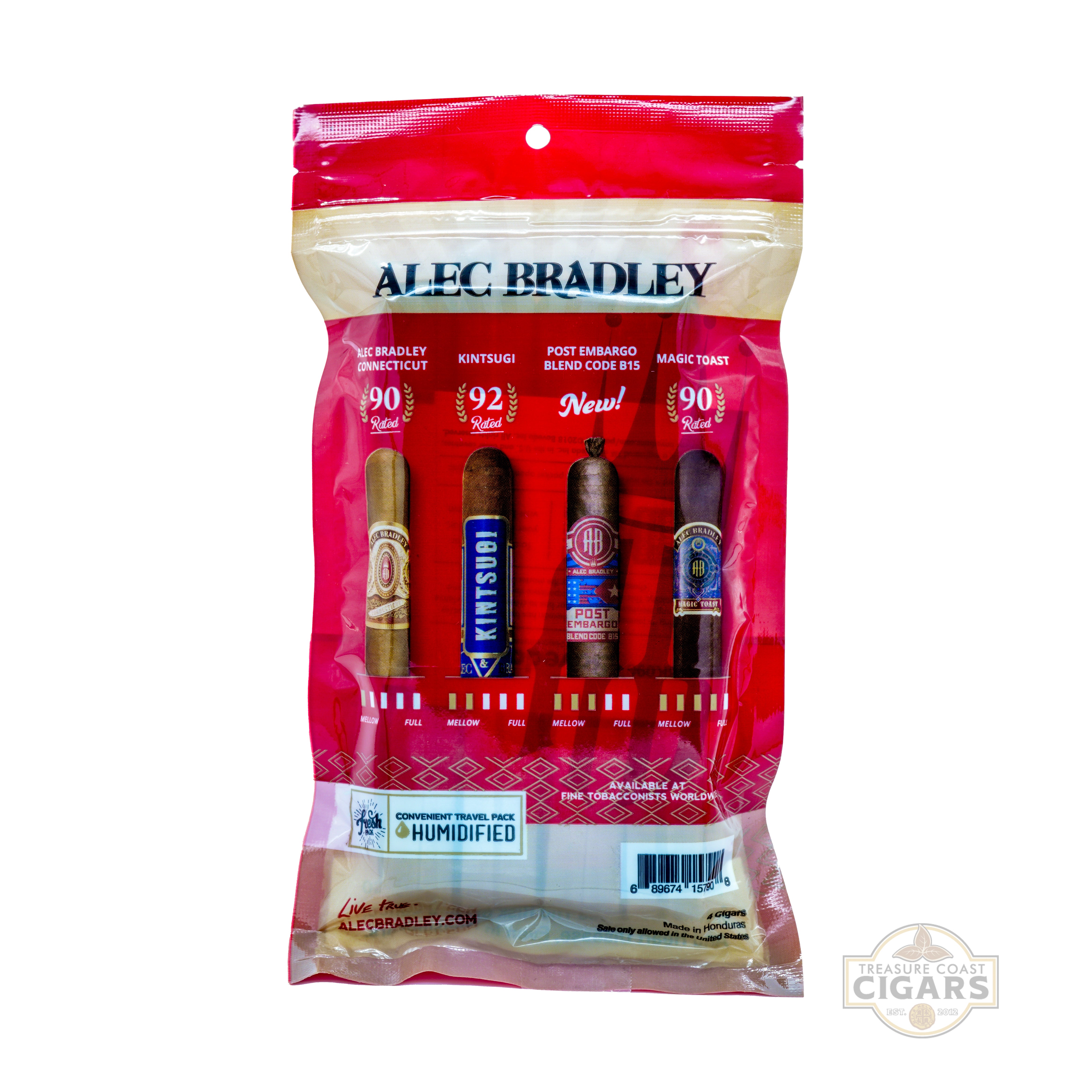 Pack of Alec Bradley cigars in a red and white packaging on a white background