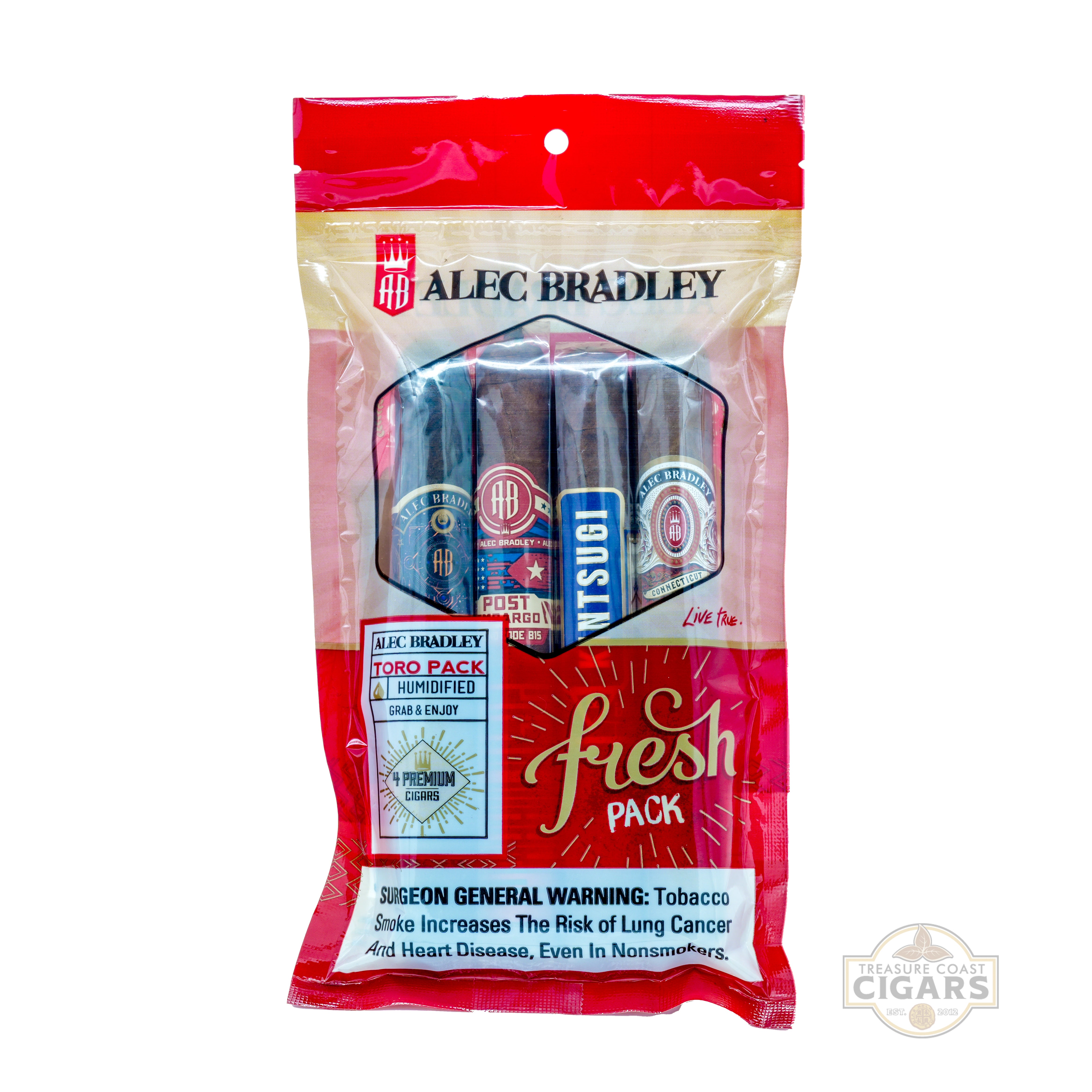 Alec Bradley Fresh Pack of cigars in a red and white packaging on a white background
