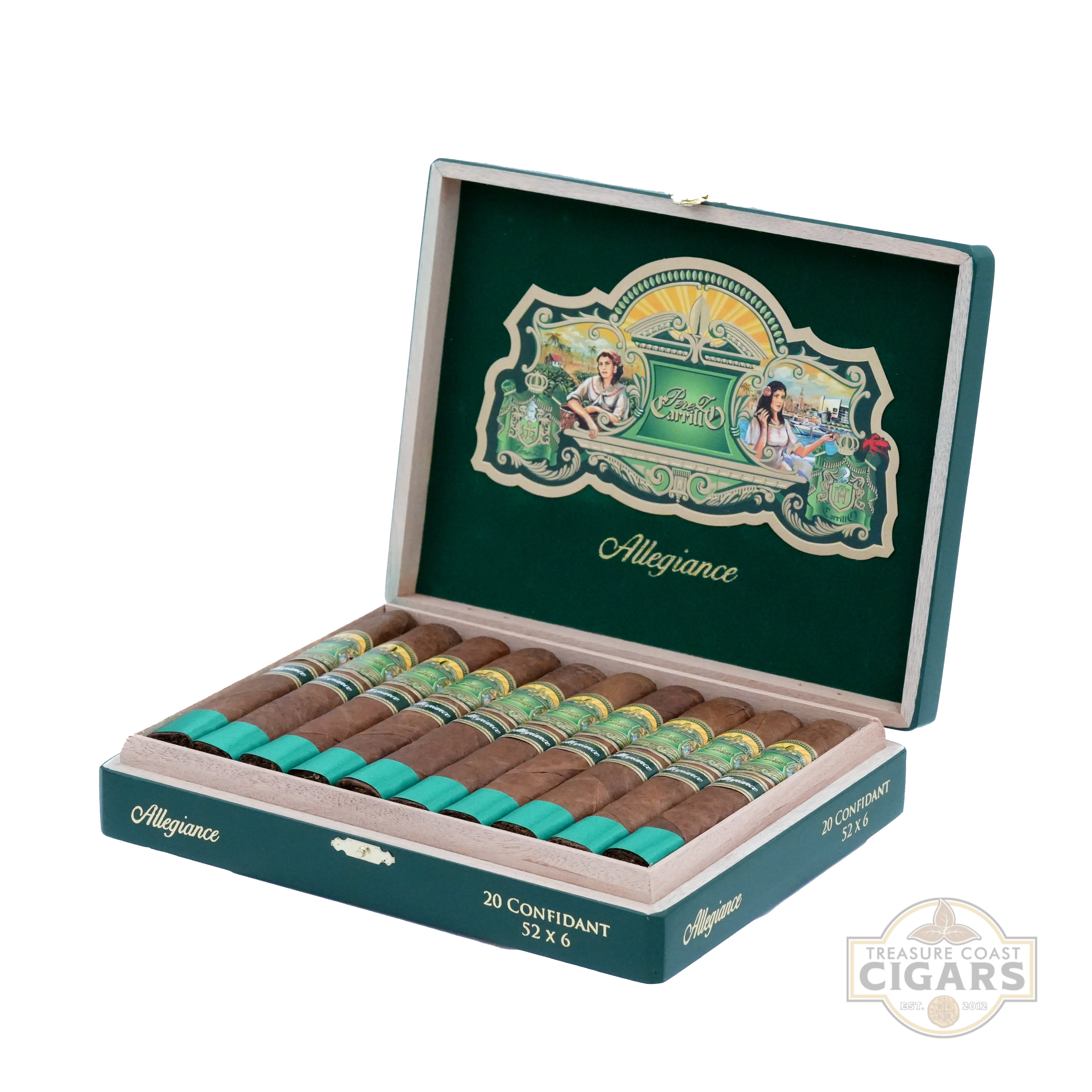 Open box of Allegiance cigars with decorative design on a white background