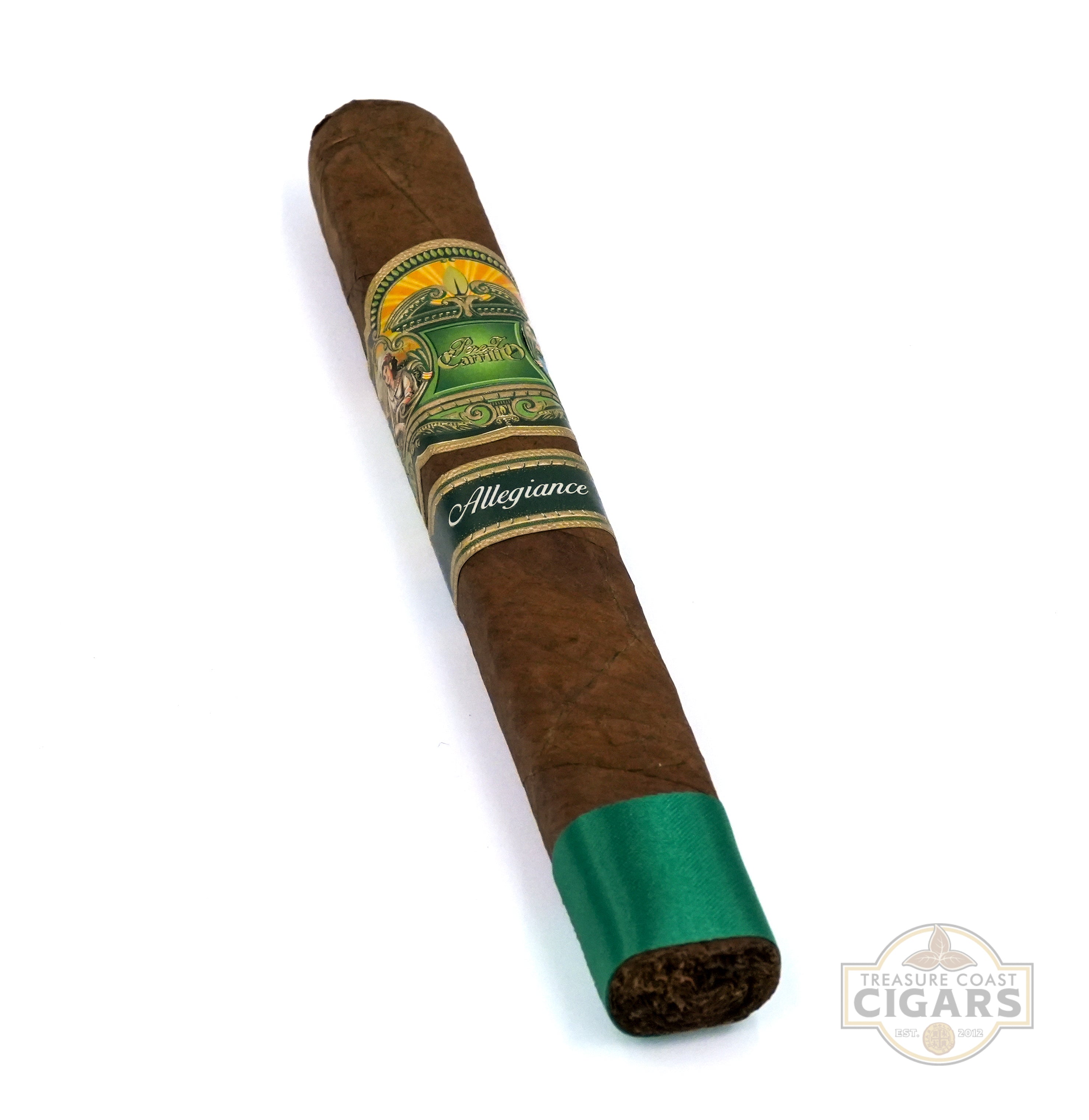 Cigar with green band and 'Allegiance' branding on a white background