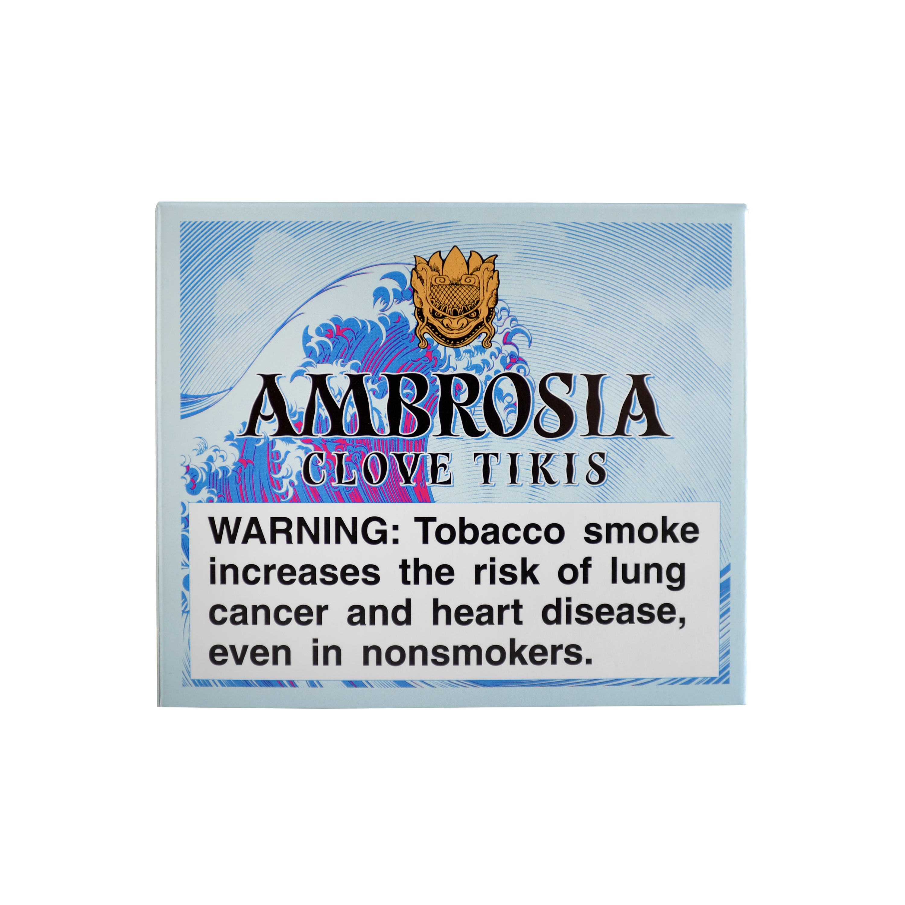Pack of Ambrosia Clove Tikis with warning label on a white background