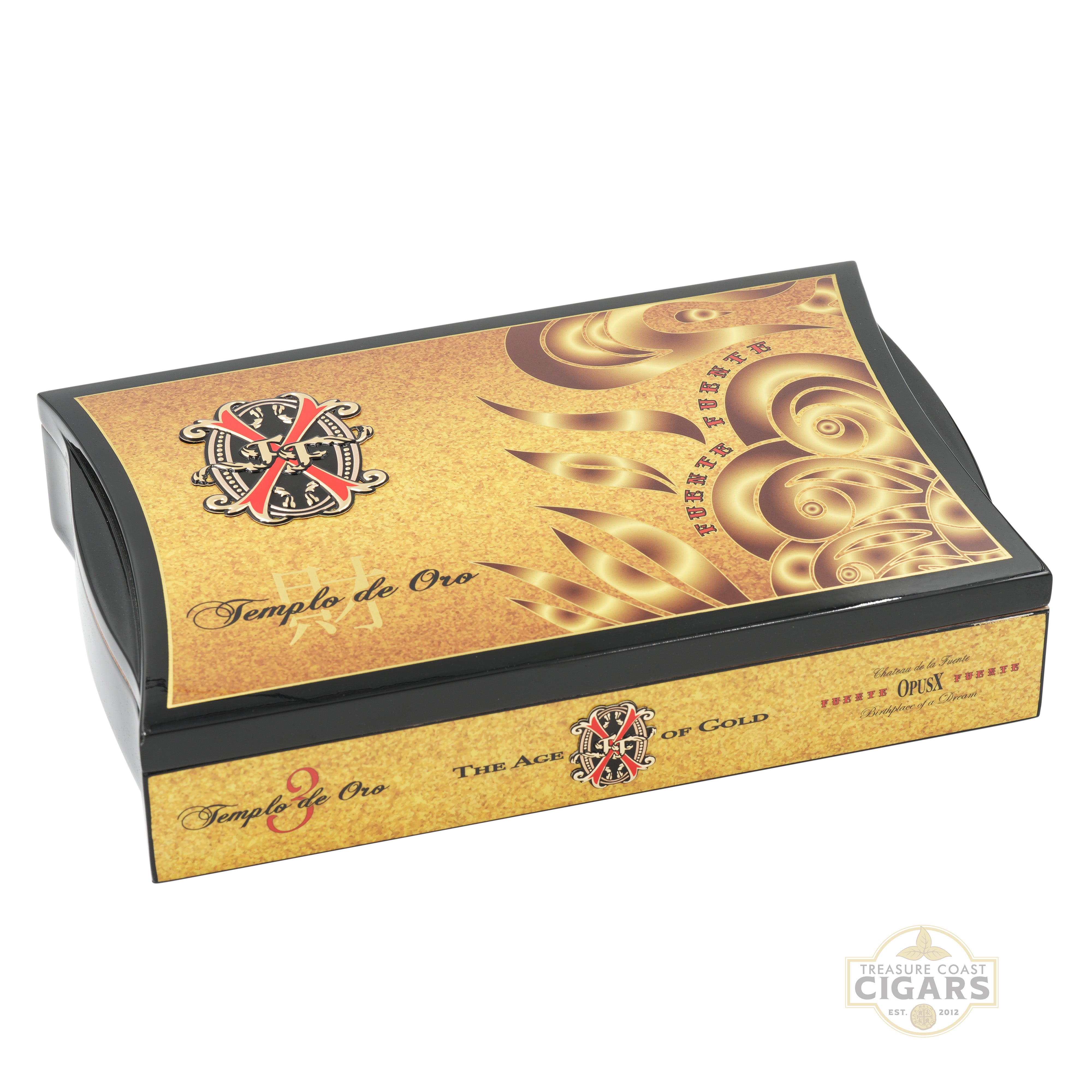Opus X Templo de Oro Cigar box with intricate design and branding on a white background