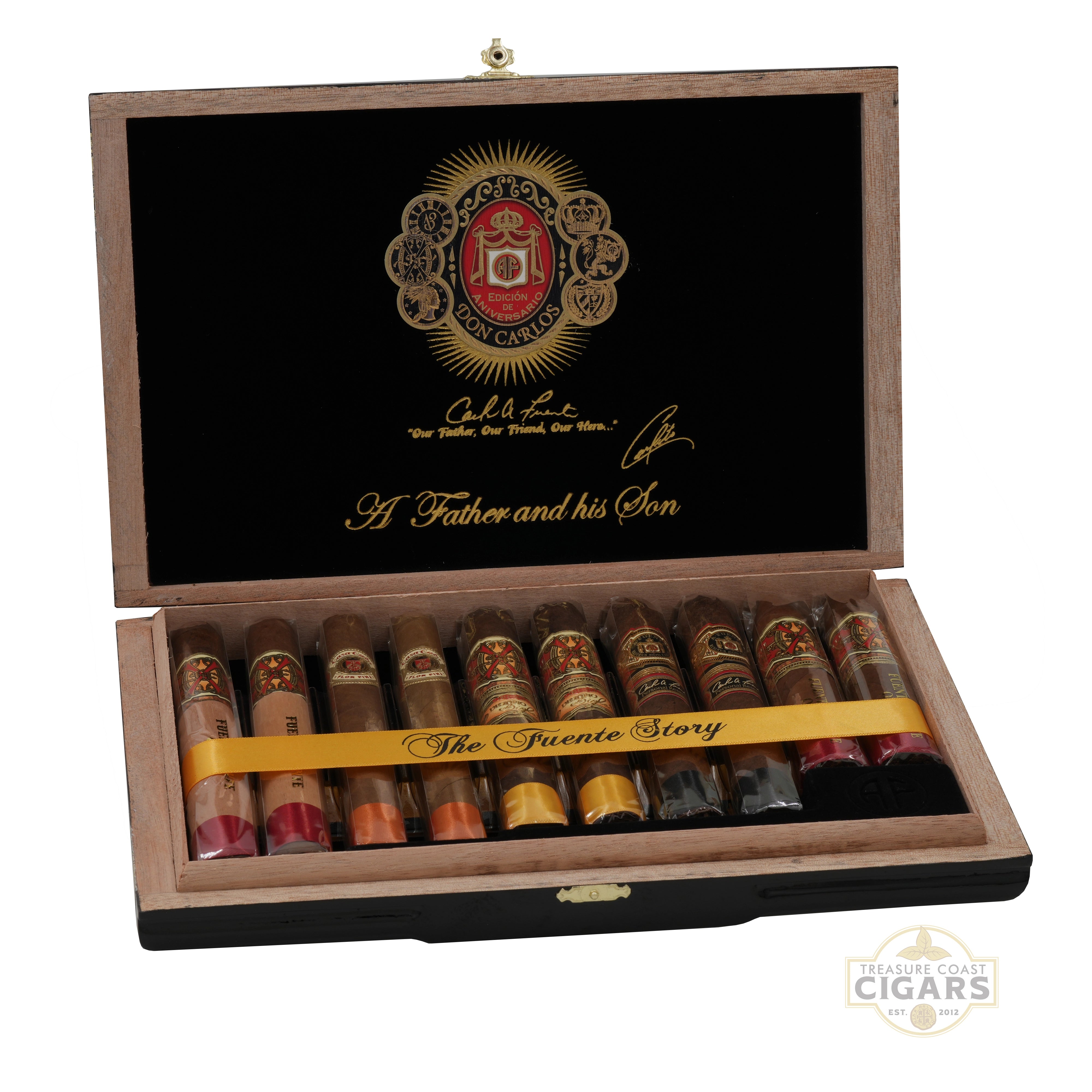 Arturo Fuente A Father and His Son open sampler containing 10 cigars on a white background