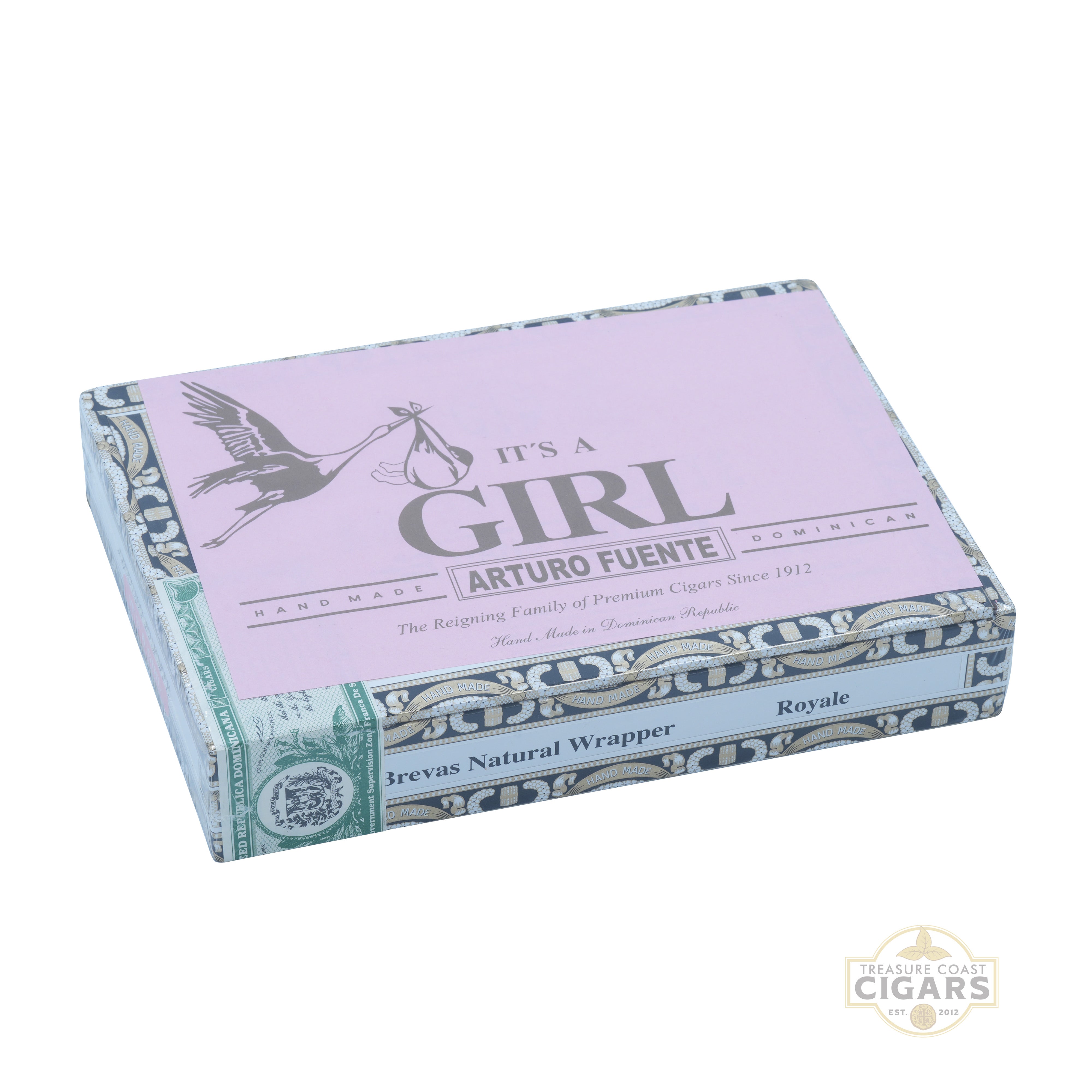 Cigar box with 'It's a Girl' text and Arturo Fuente branding on a white background