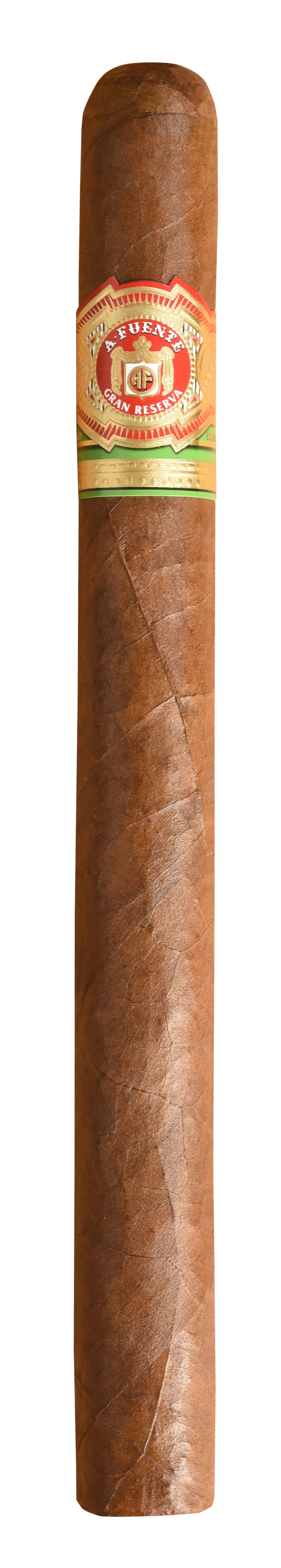Cigar with a brand label on a white background