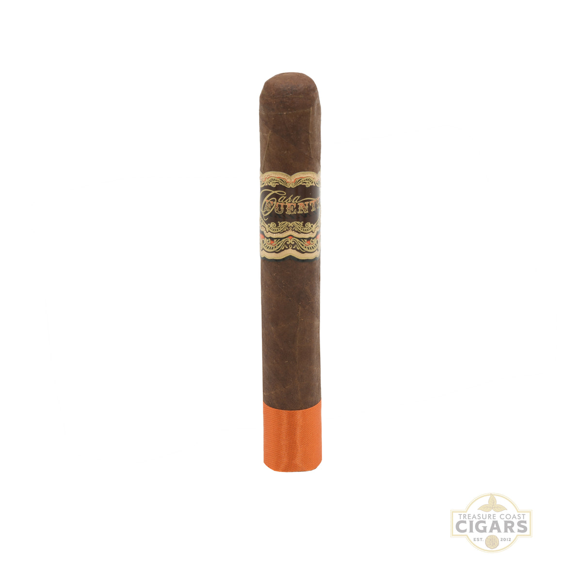A single Cigar with an orange foot band on a white background.