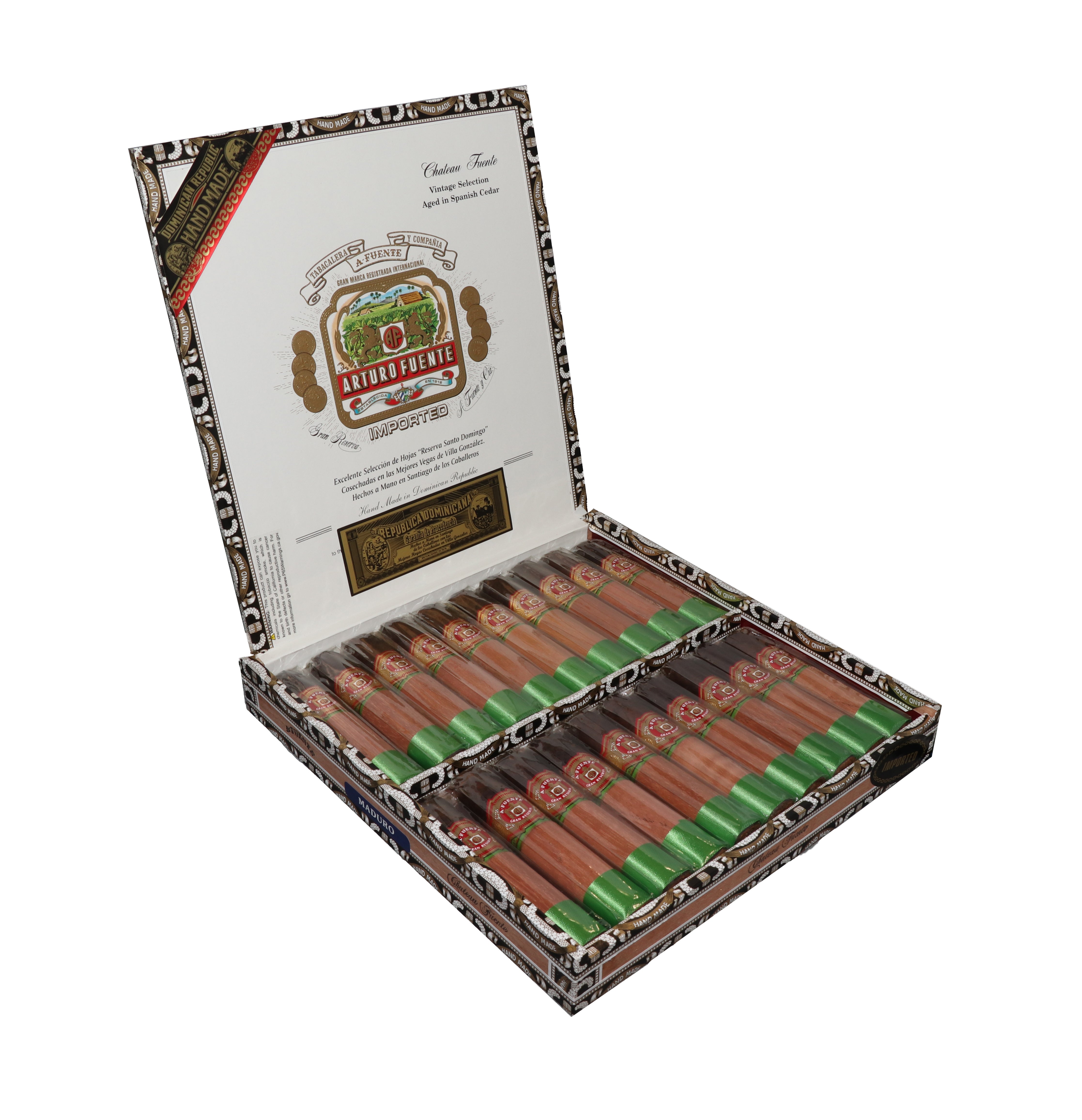Open box of cigars with a visible brand logo on a white background
