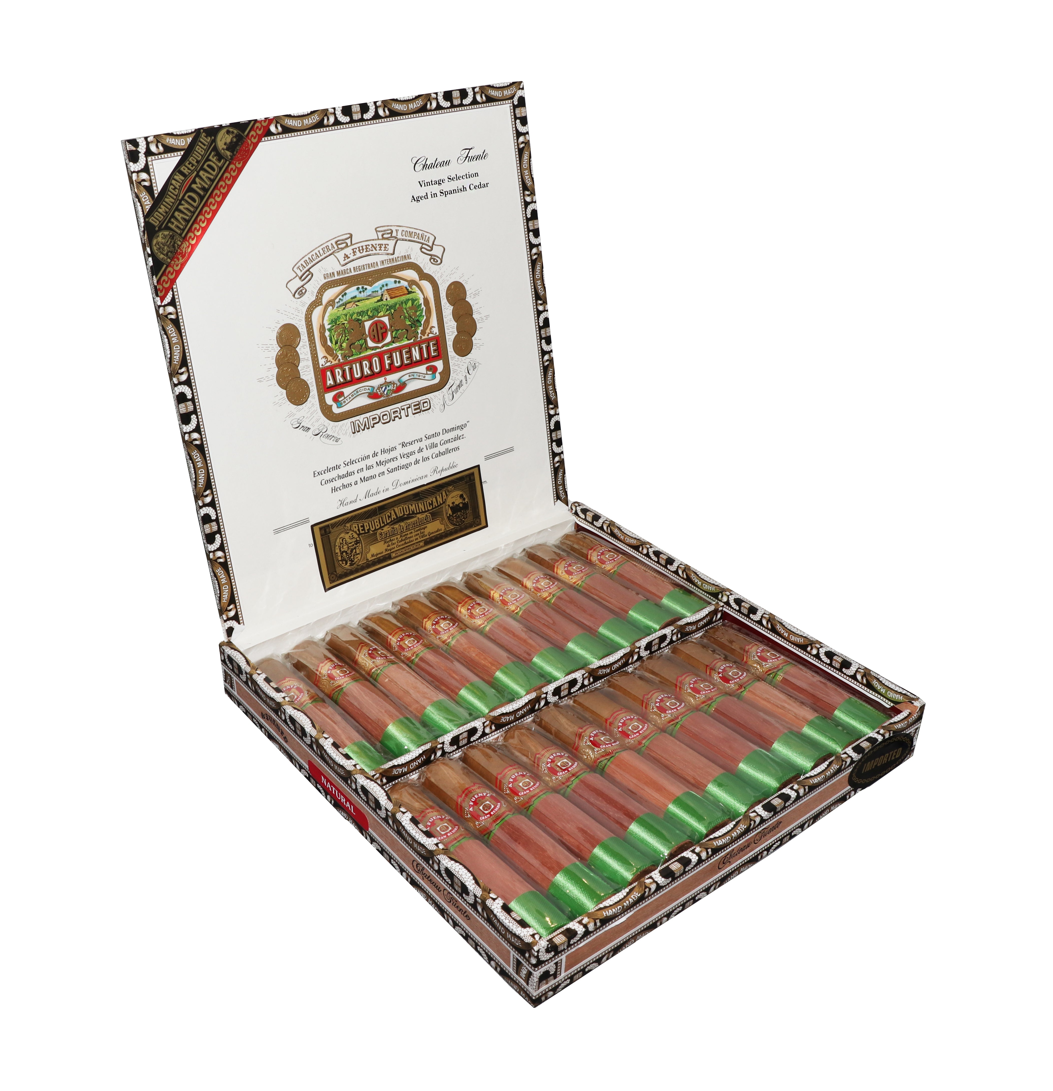 Open box of cigars with a visible brand logo on a white background