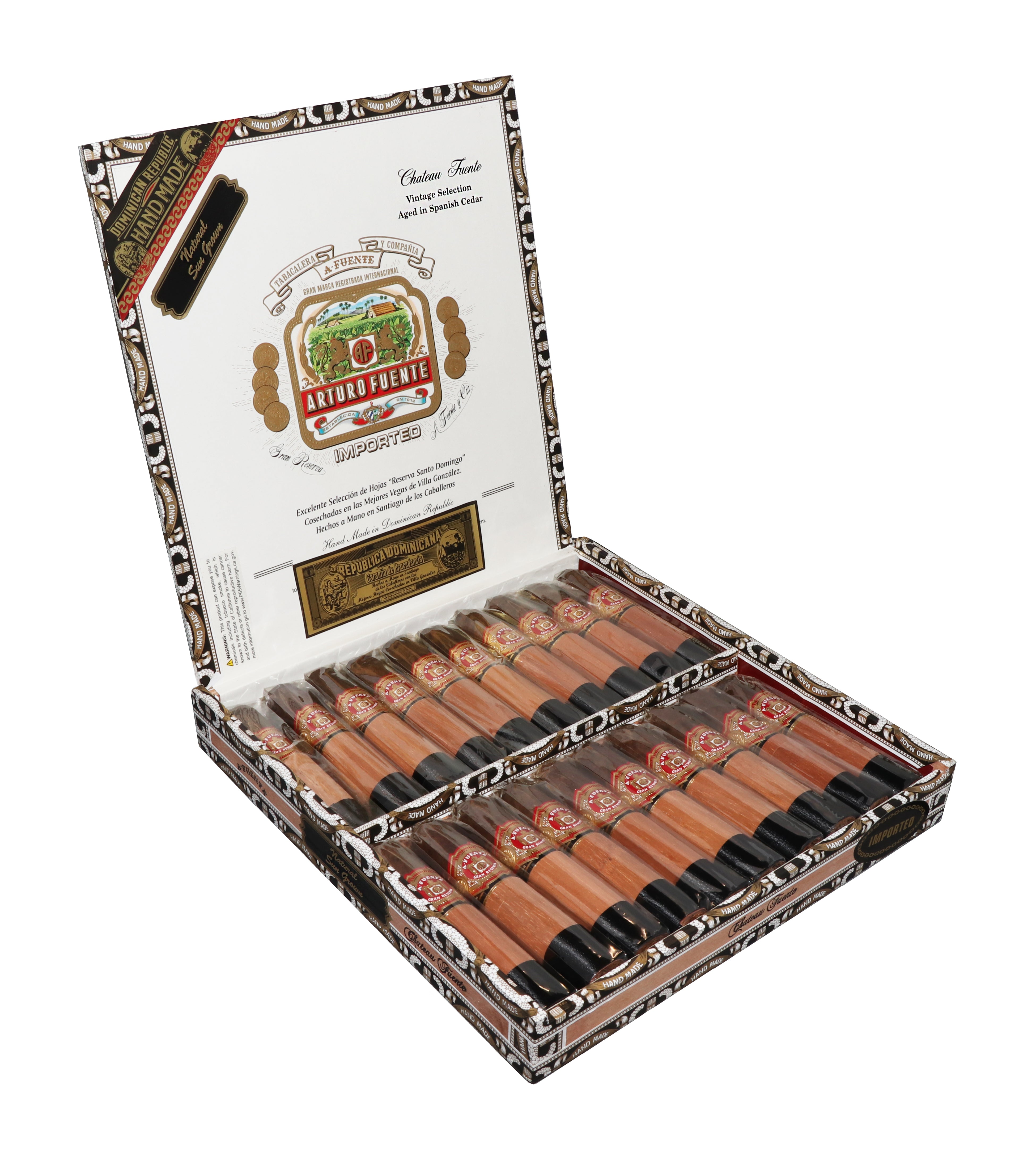 Open cigar box with cigars inside on a white background