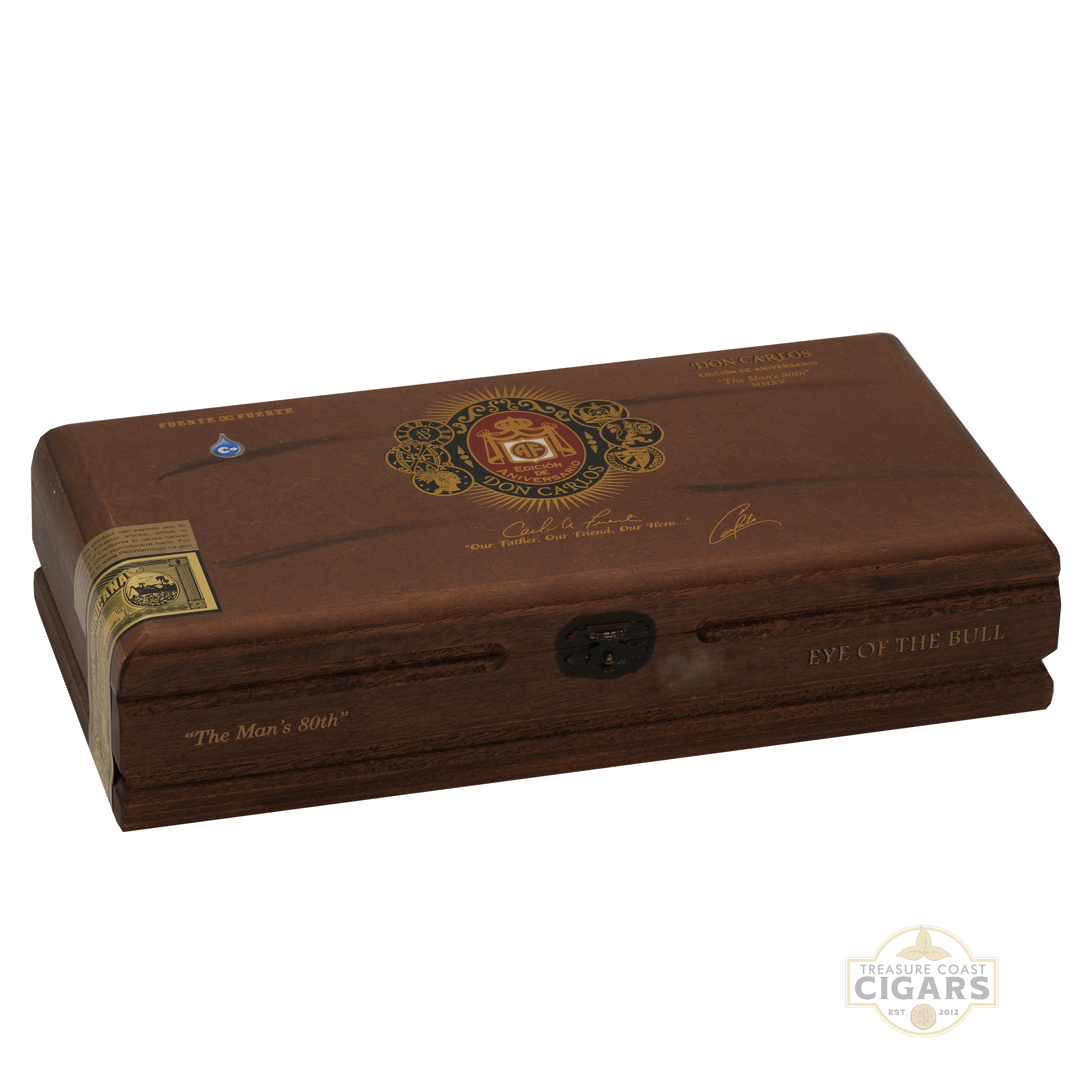 Don Carlos Eye of the Bull wooden cigar box with branding on a white background