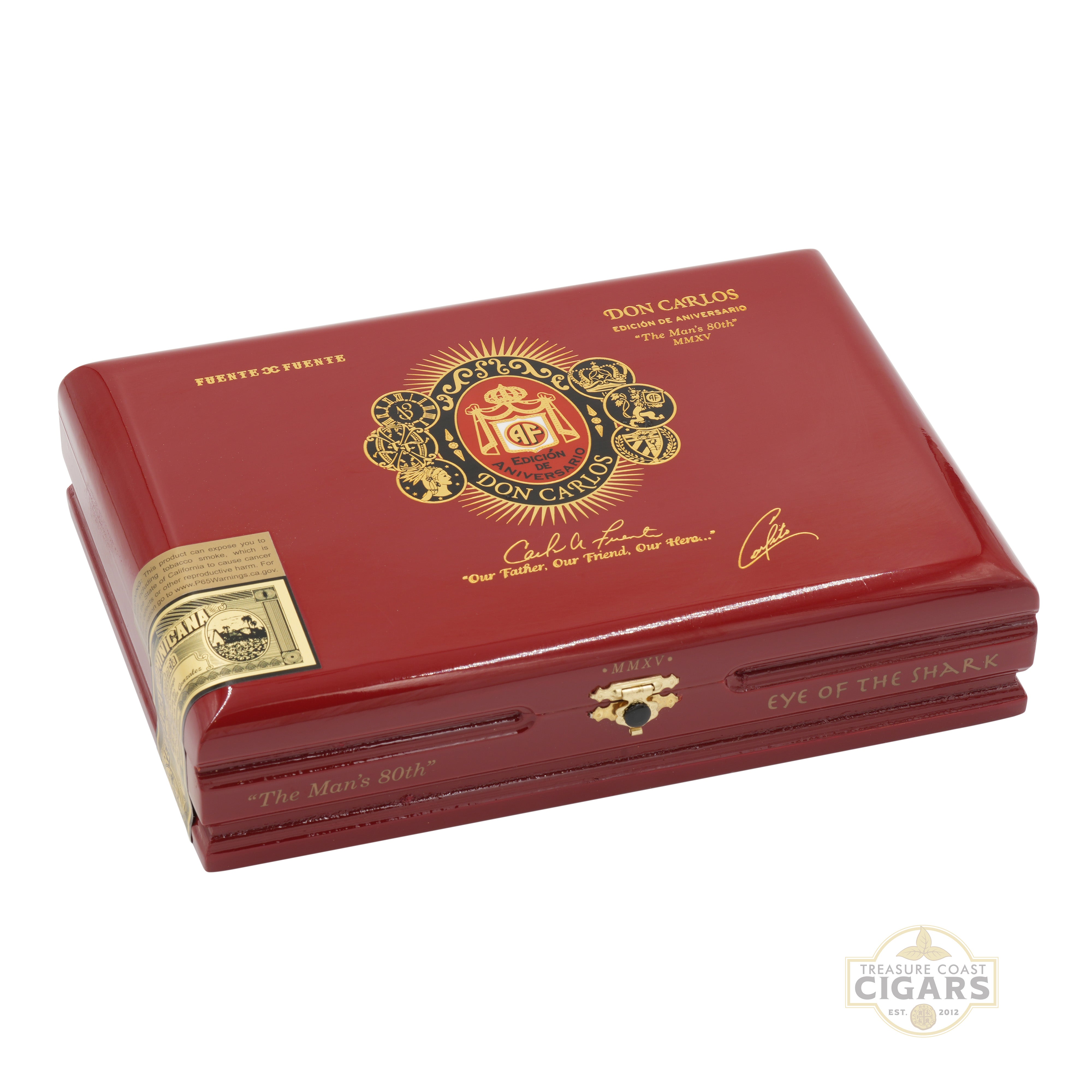 Red cigar box with gold accents and Don Carlos branding on a white background