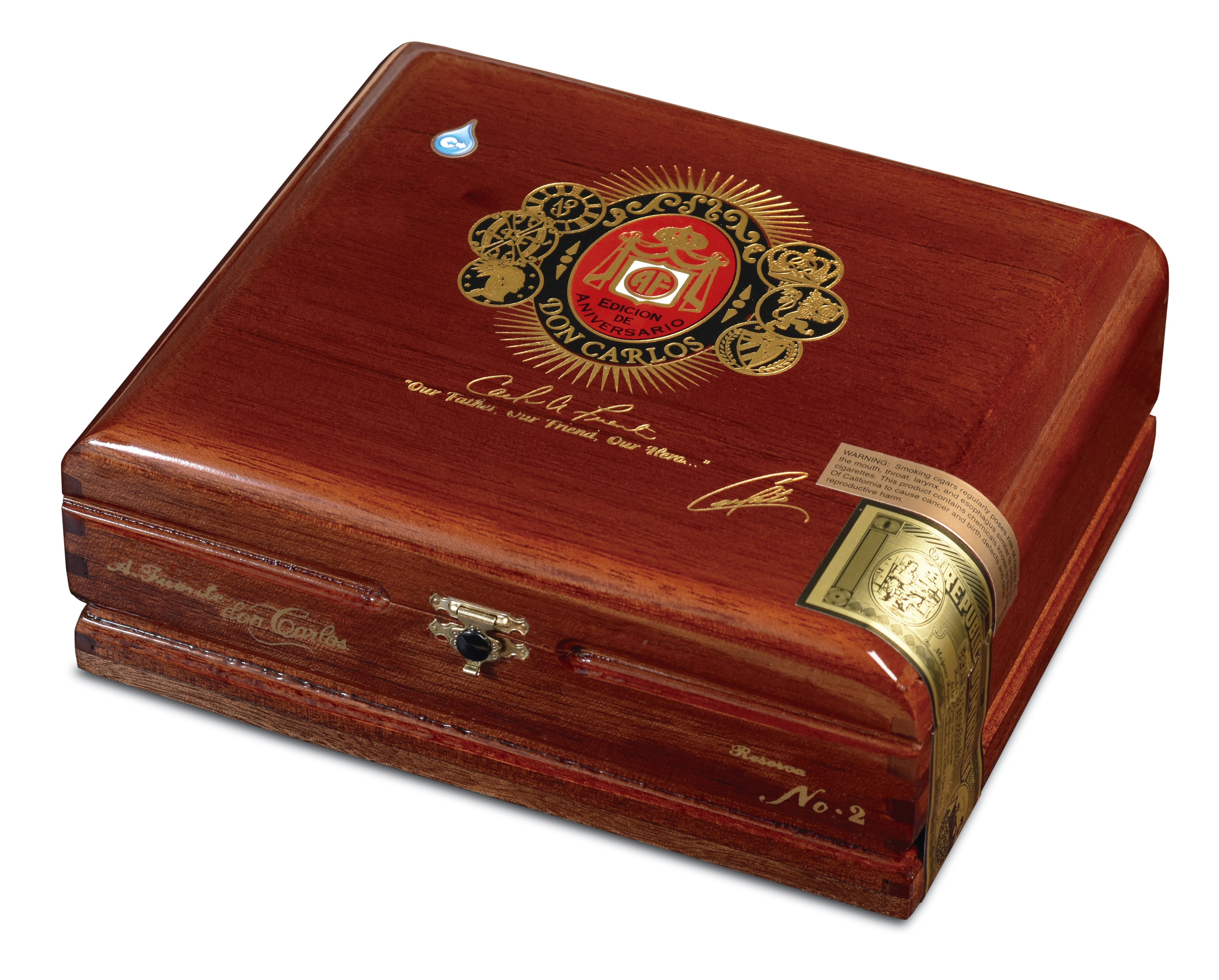 Wooden cigar box with a prominent logo on a white background
