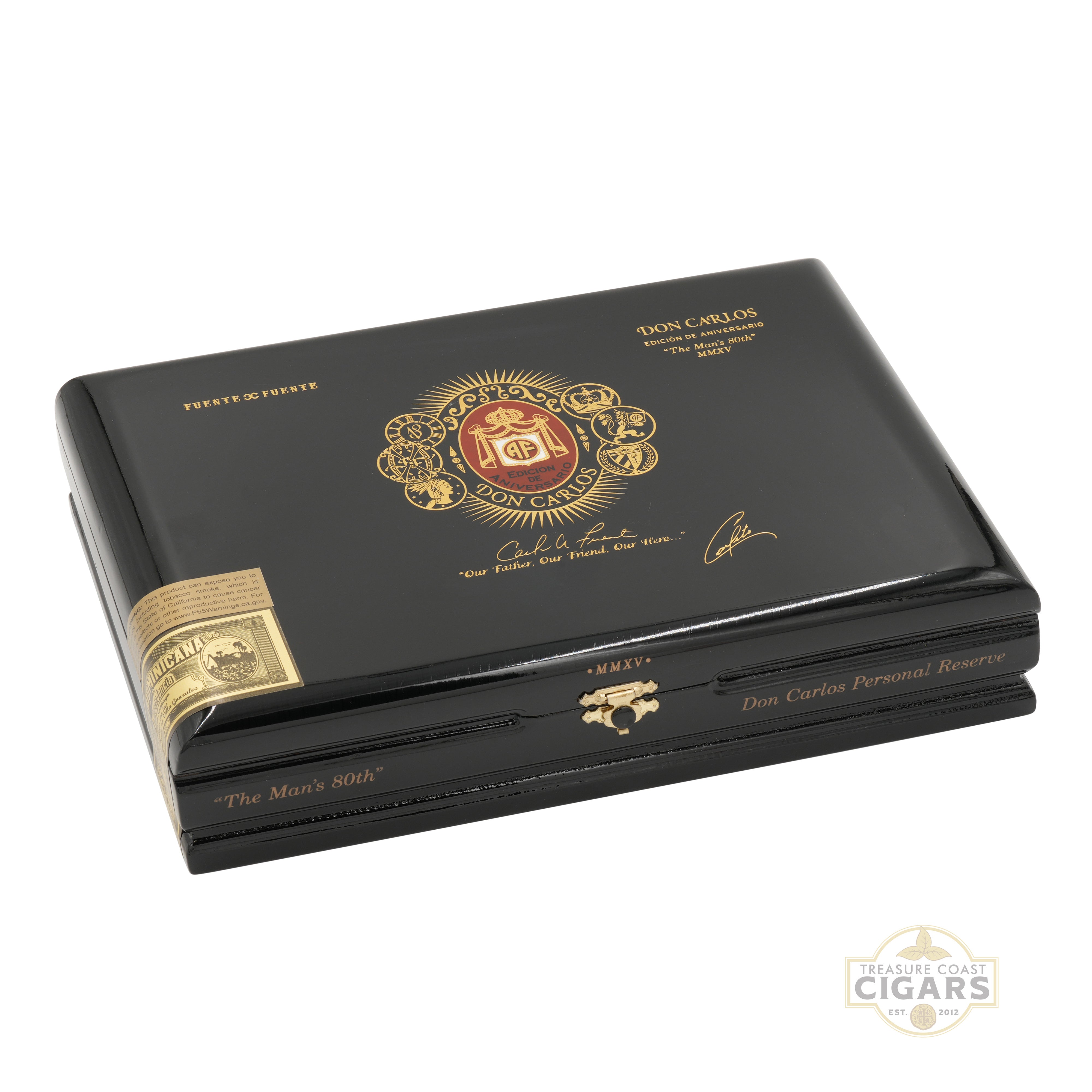 Black and gold cigar box with Don Carlos branding on a white background