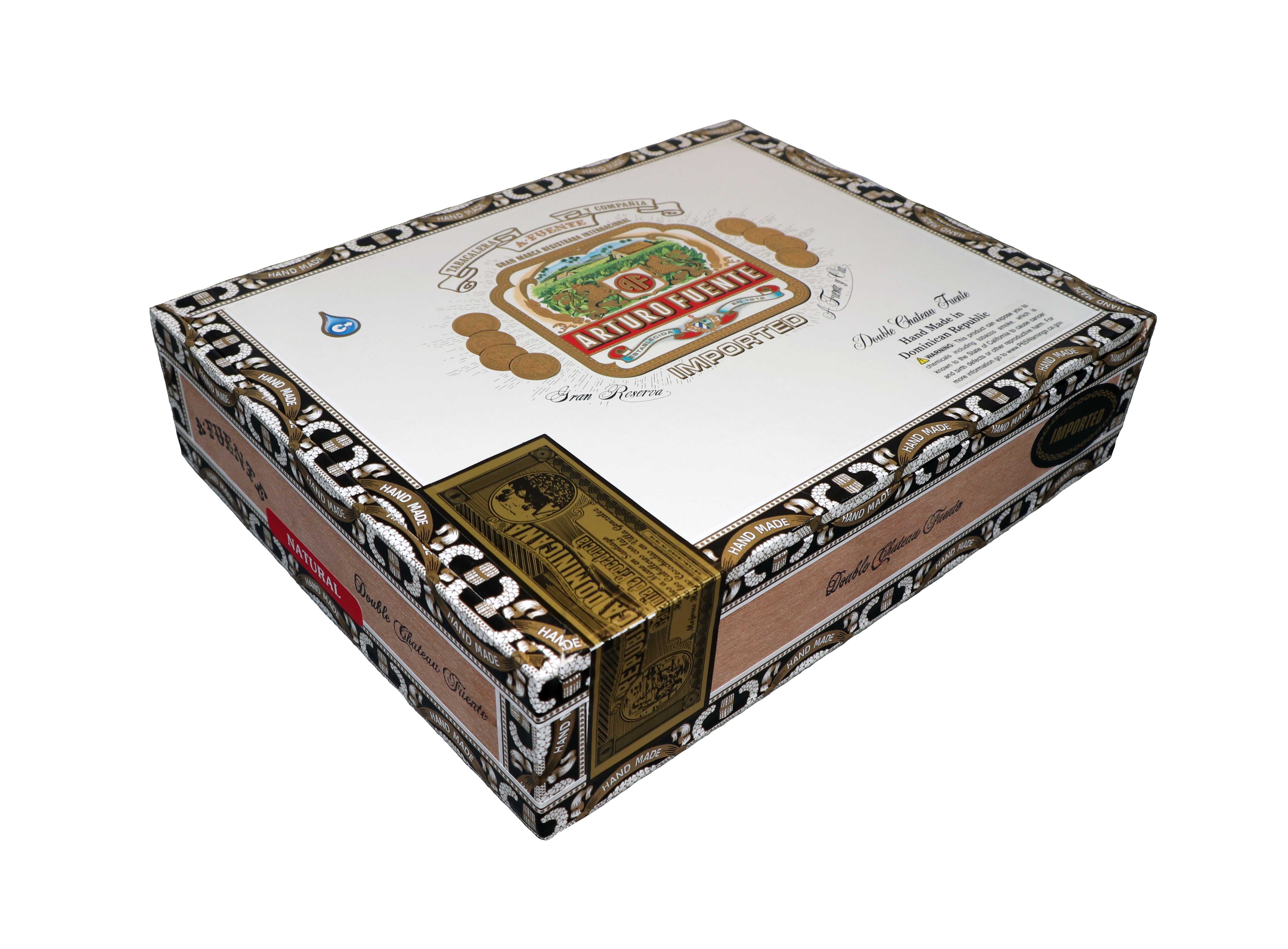 Closed box of Arturo Fuente Double Chateau Natural cigars with decorative design on a white background