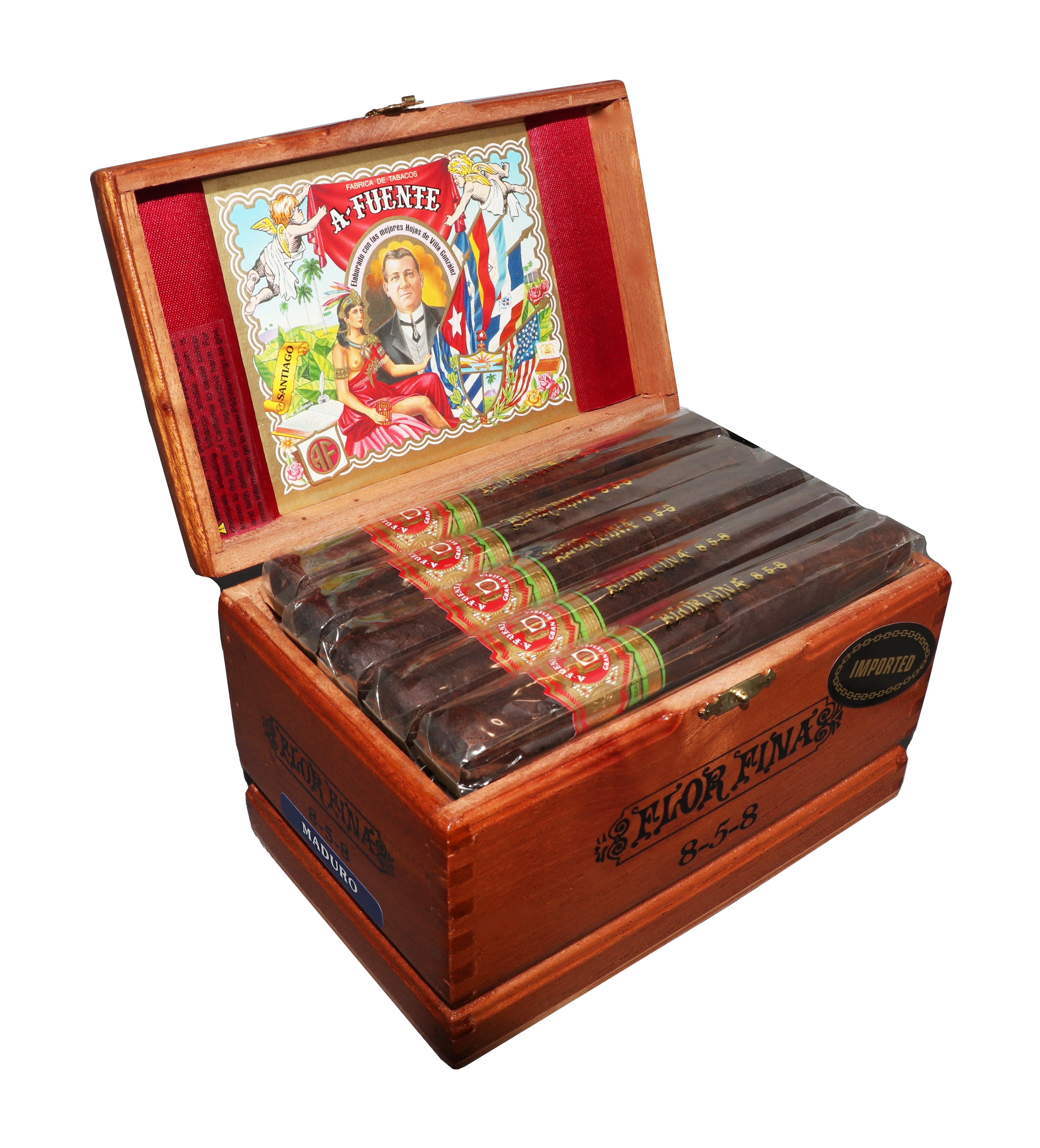 Wooden box of 858 cigars with colorful label on a white background