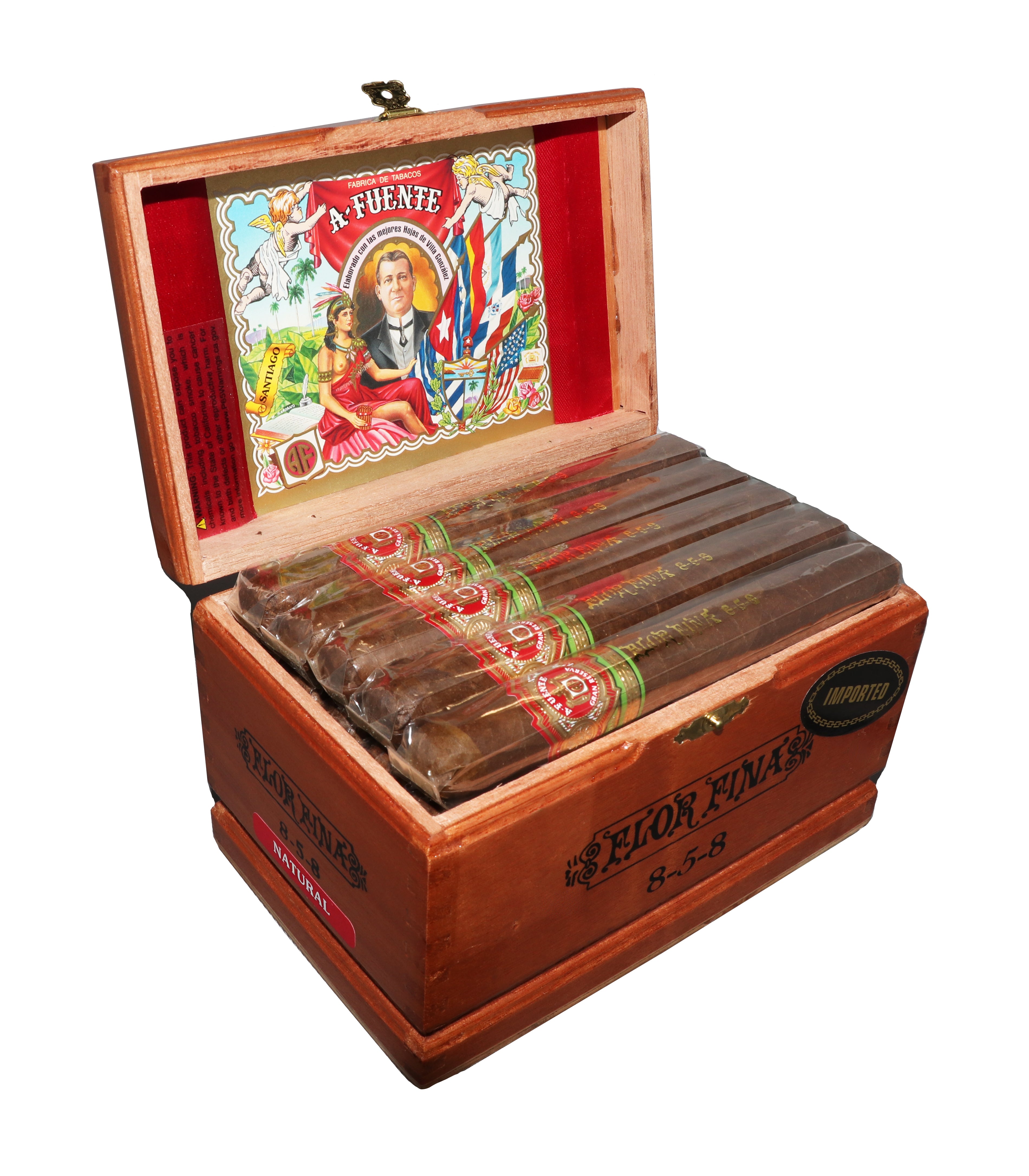 Open wooden cigar box with cigars and decorative label on a white background