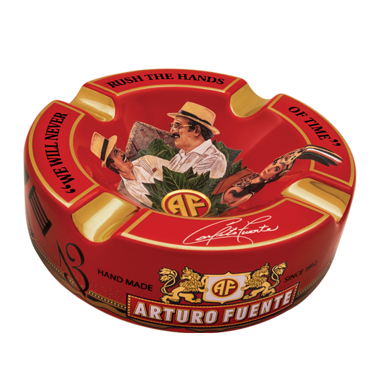 Red Arturo Fuente cigar ashtray with branding and imagery on a white background