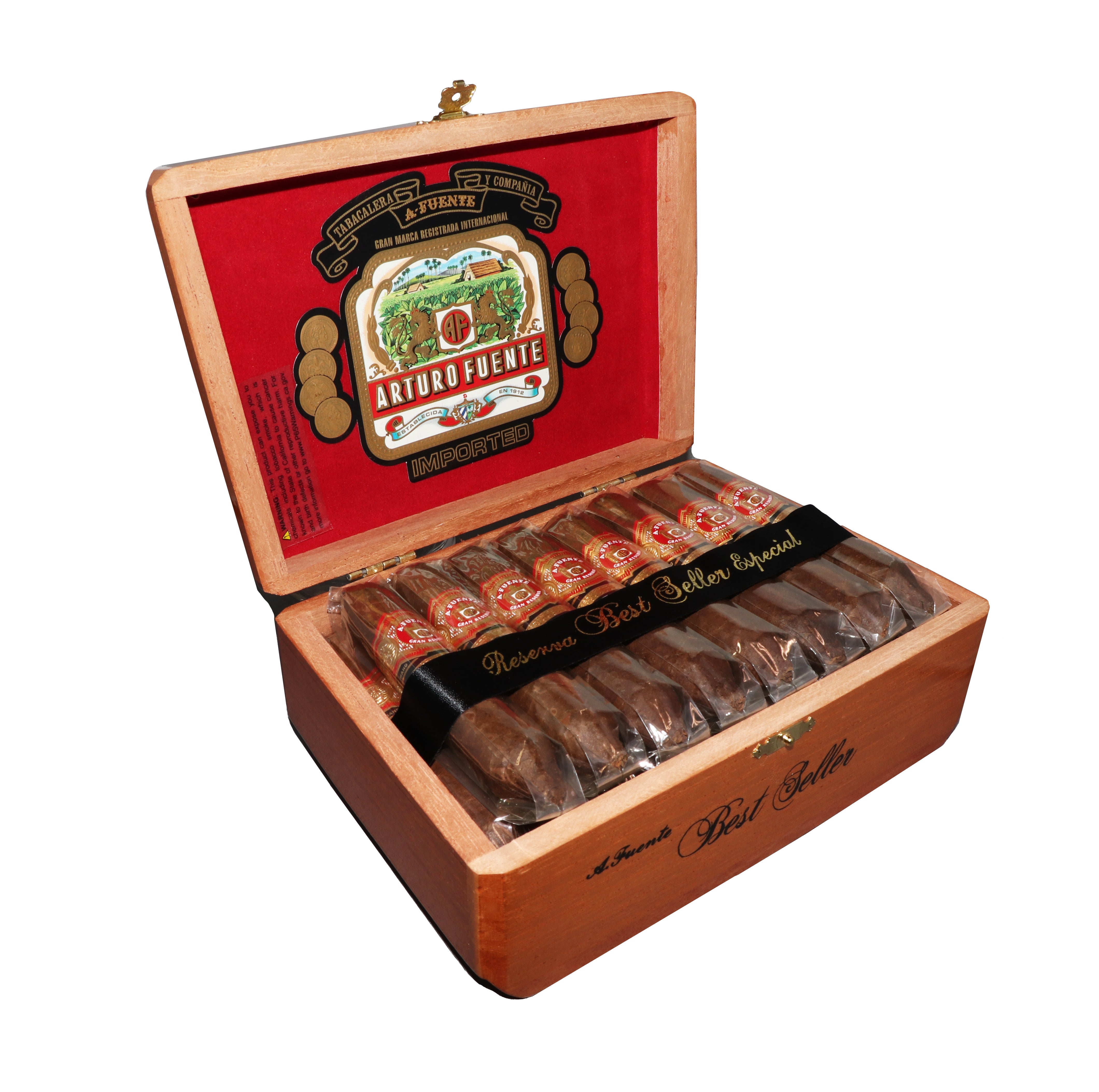 Open wooden humidor with Arturo Fuente cigars on a white background