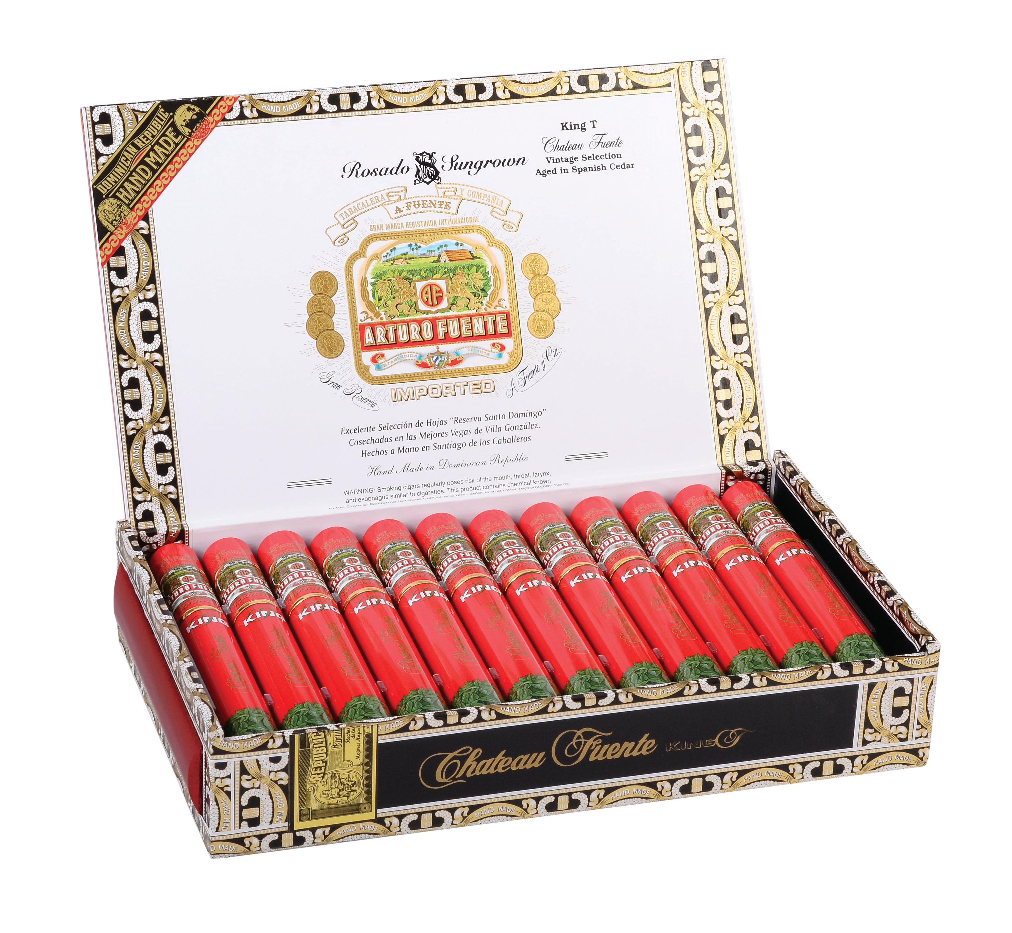 Open box of Axturo Fuente cigars with visible branding on a white background
