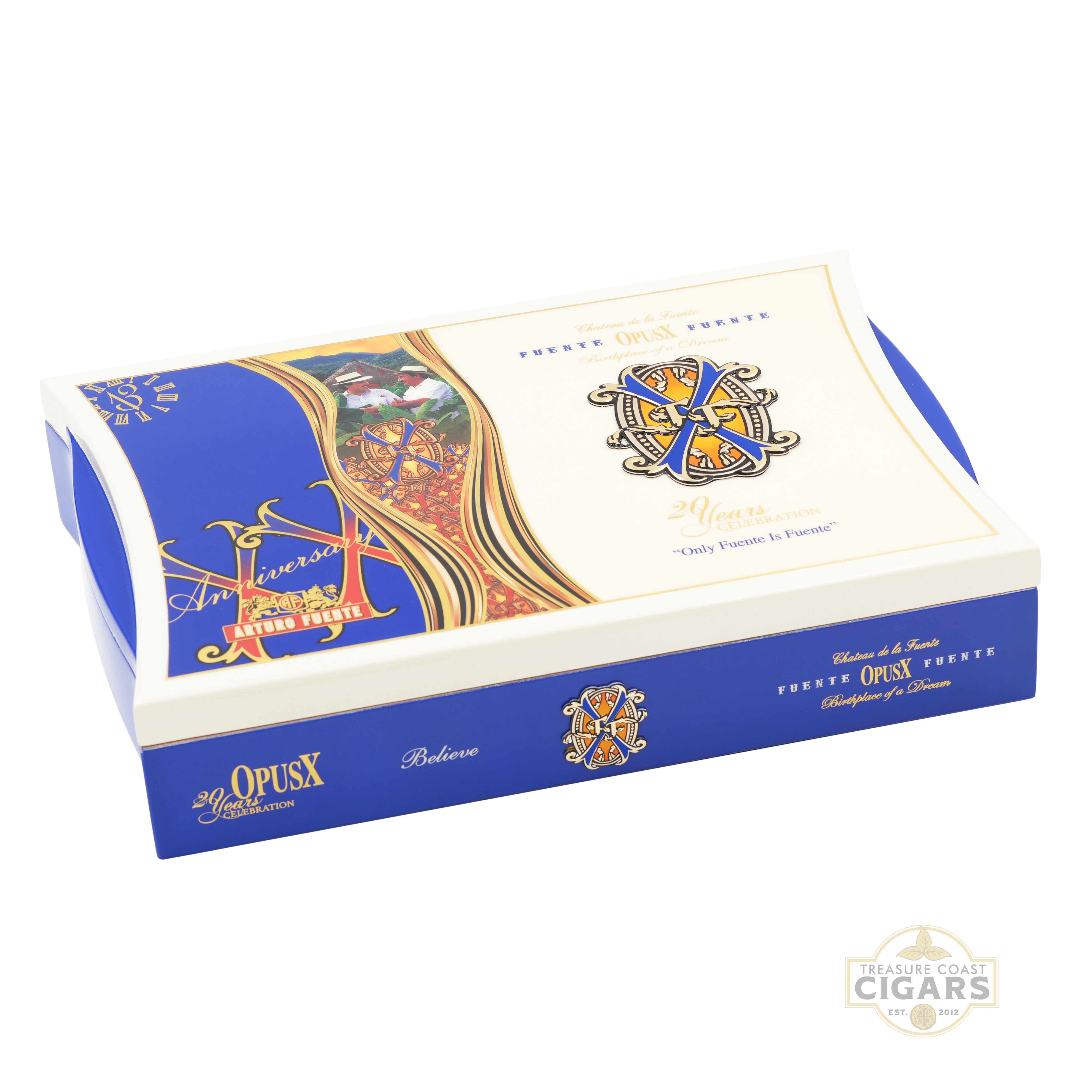 OpusX 20 years cigars box with decorative design on a white background