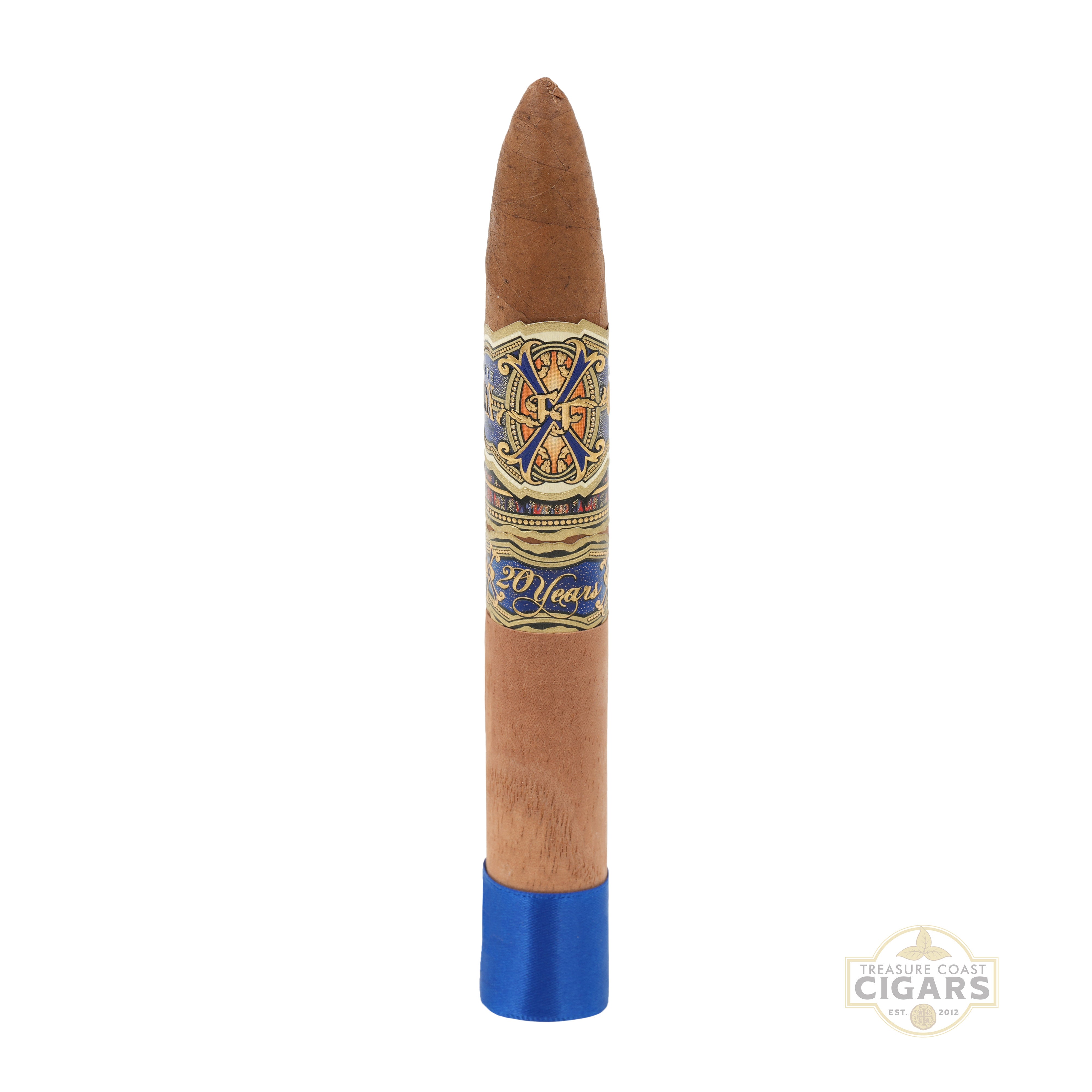Cigar with a blue tip and decorative band on a white background