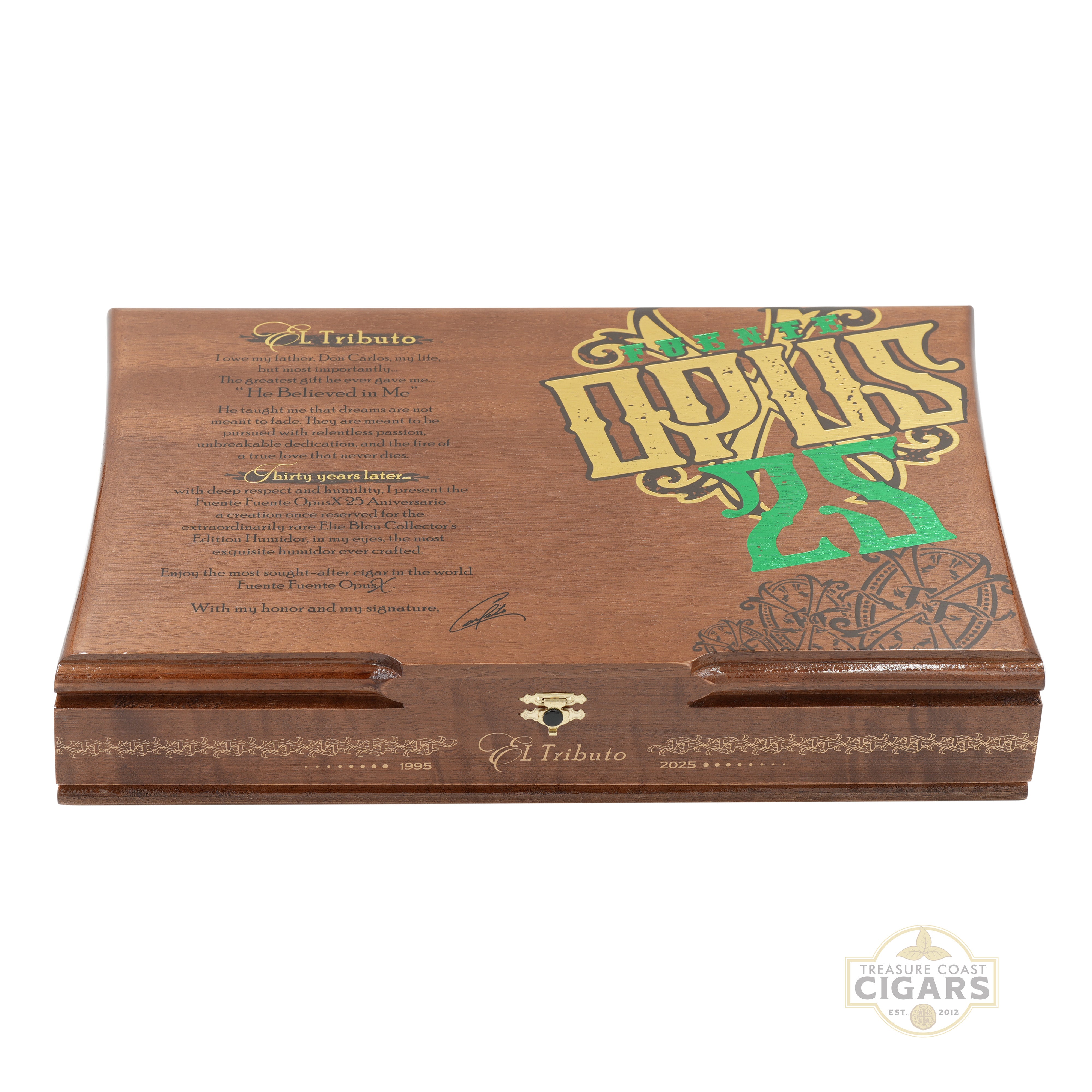 Wooden cigar box with 'Opus X' branding on a white background