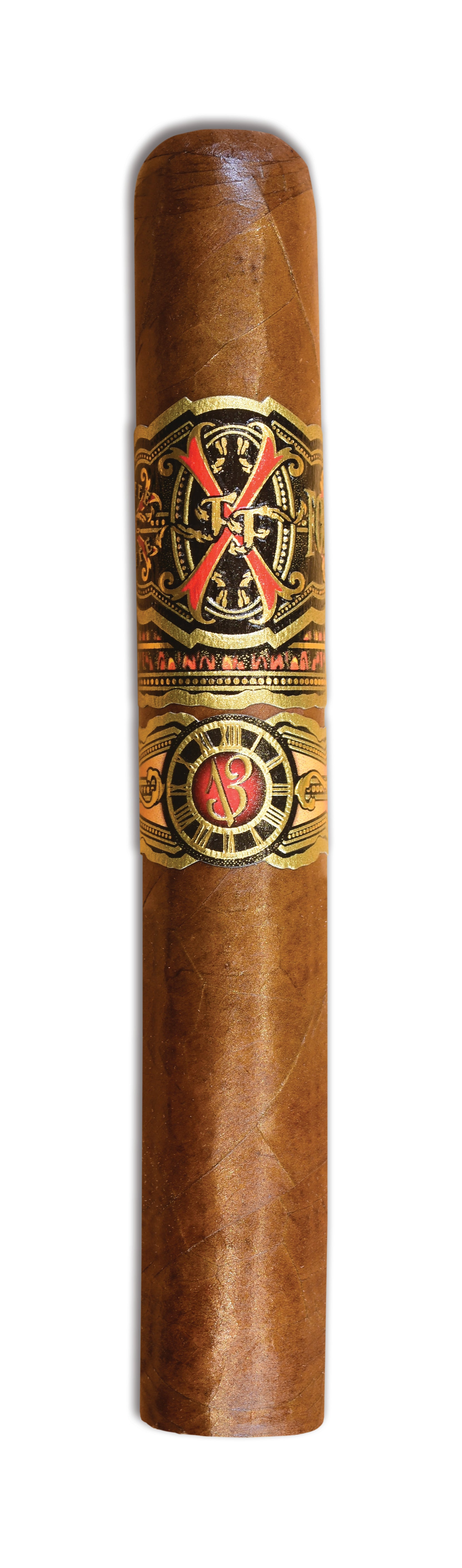 Opus X Forbidden X Cigar with a decorative band featuring a logo on a white background