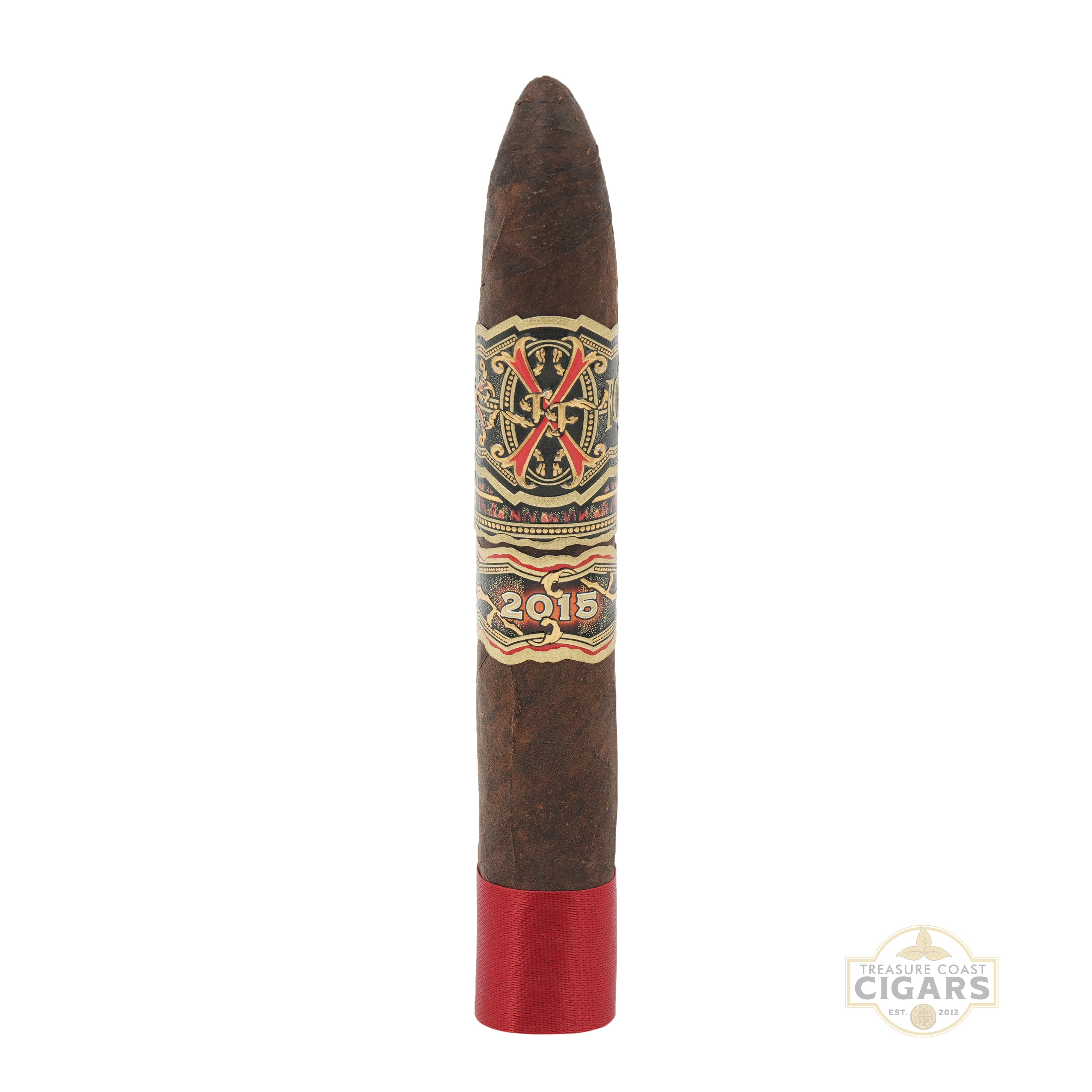 Cigar with a decorative band and red tip on a white background