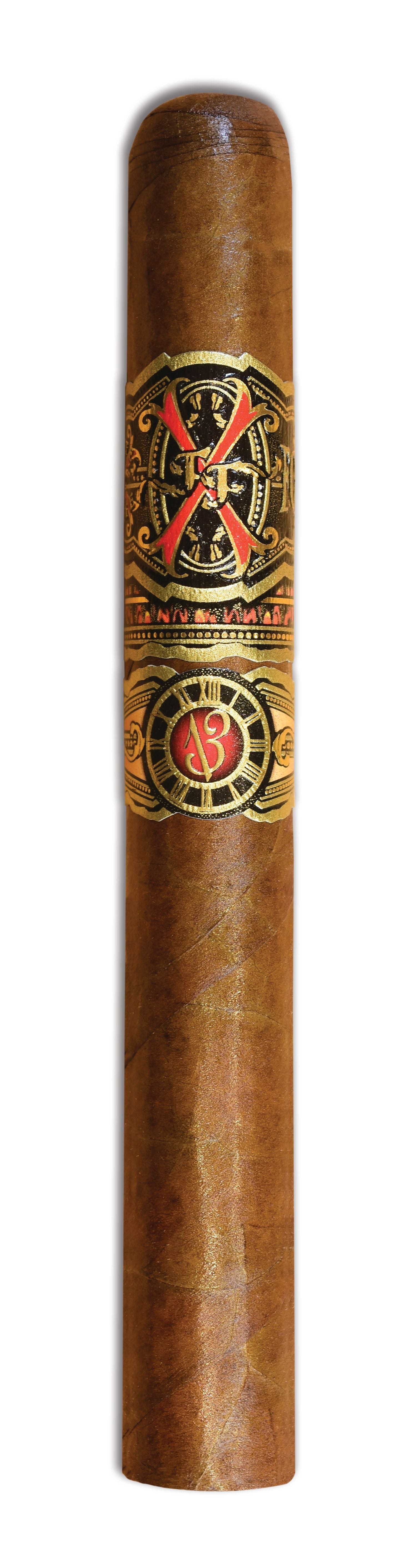 Opus X Forbidden X Cigar with decorative band featuring a logo on a white background
