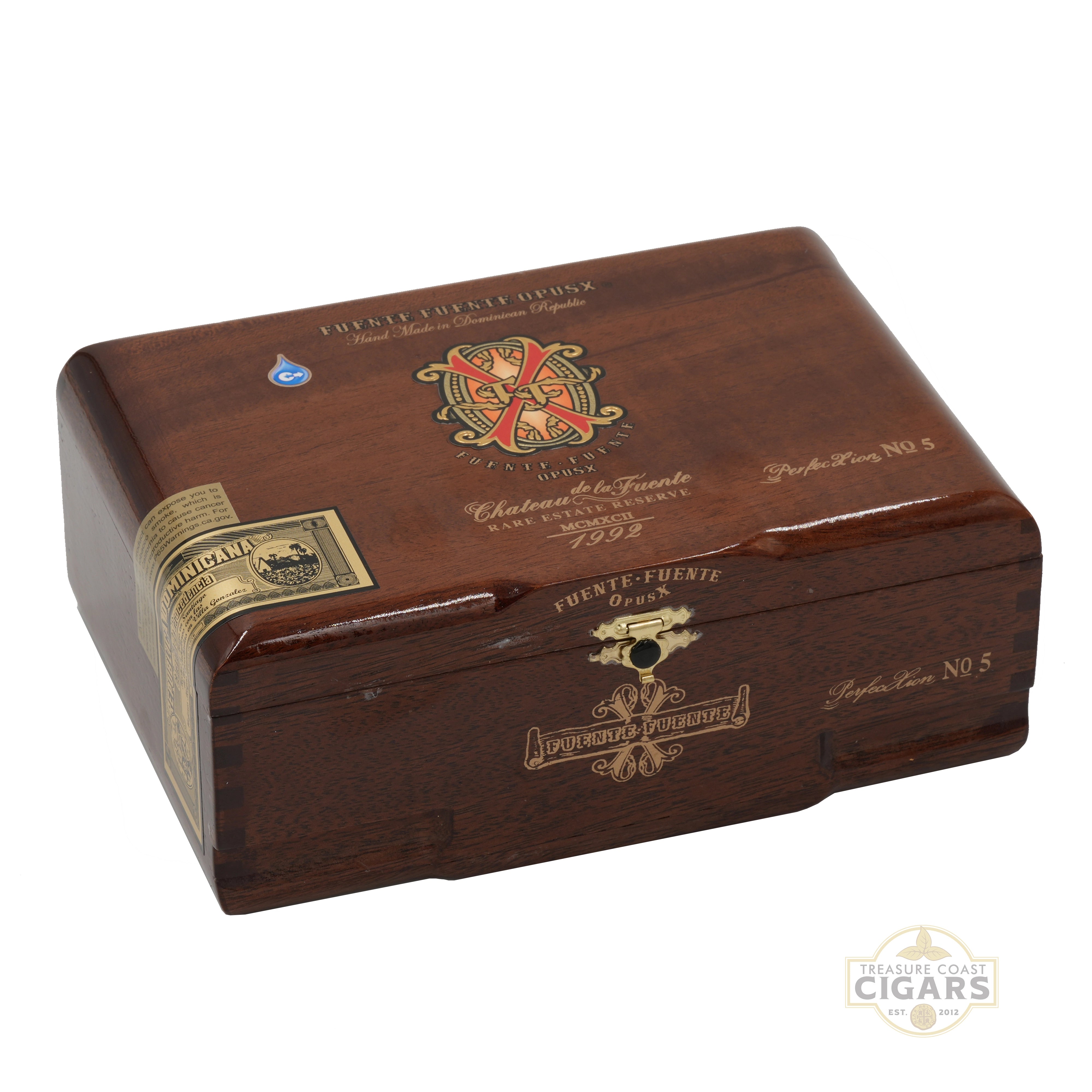 Wooden Opus X cigar box with brand logo on a white background